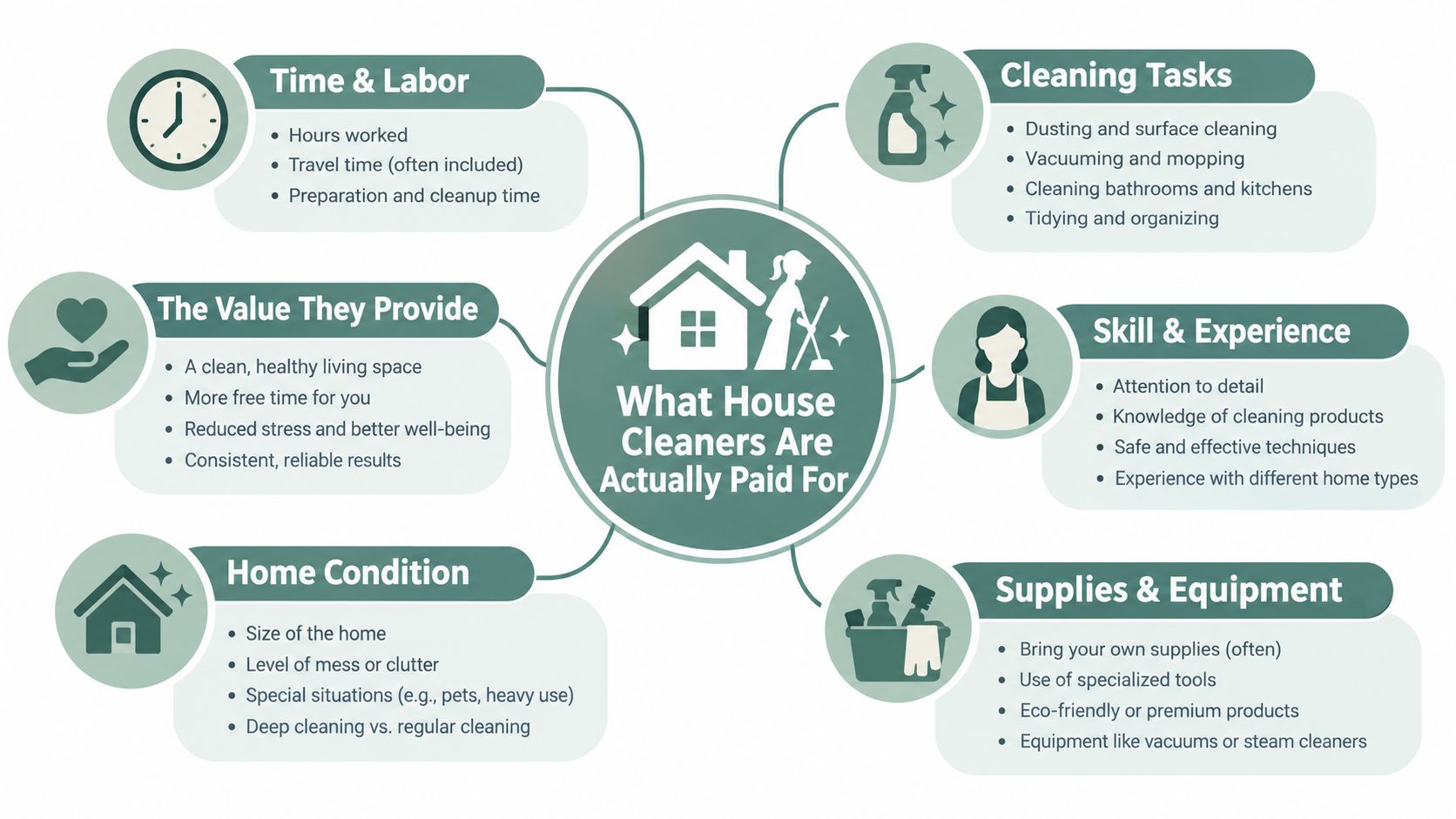 A mind map infographic illustrating the various factors that influence the cost of professional house cleaning services.