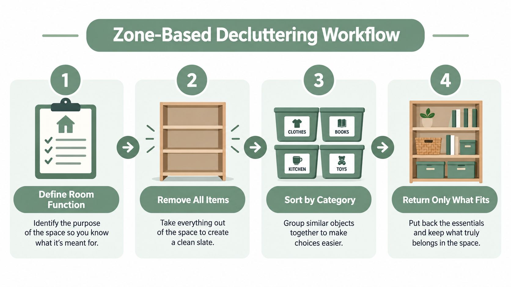A four-step infographic illustrating a simple zone-based home decluttering workflow for organizing a living space effectively.