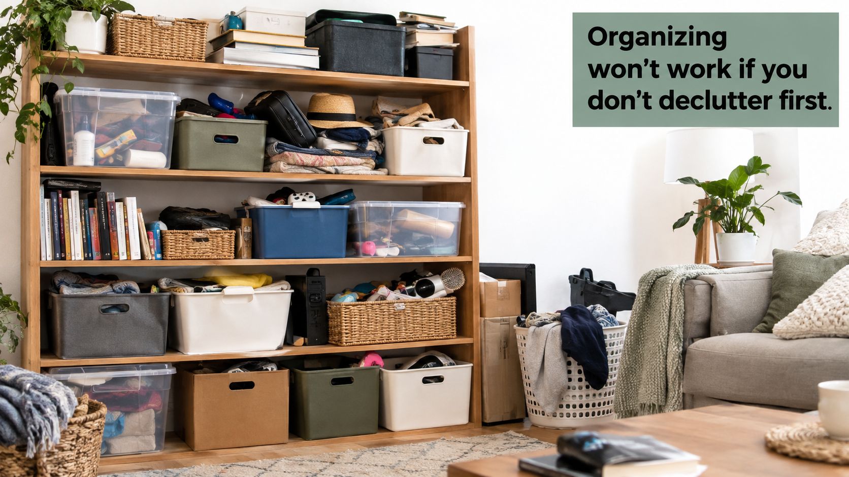 A large wooden bookshelf filled with various storage bins, baskets, and stacked items in a living room.