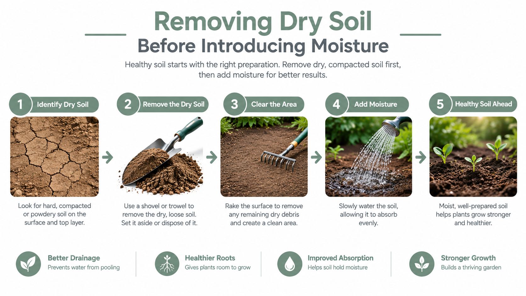 An instructional graphic showing a five-step process for removing dry, compacted soil to improve garden health.