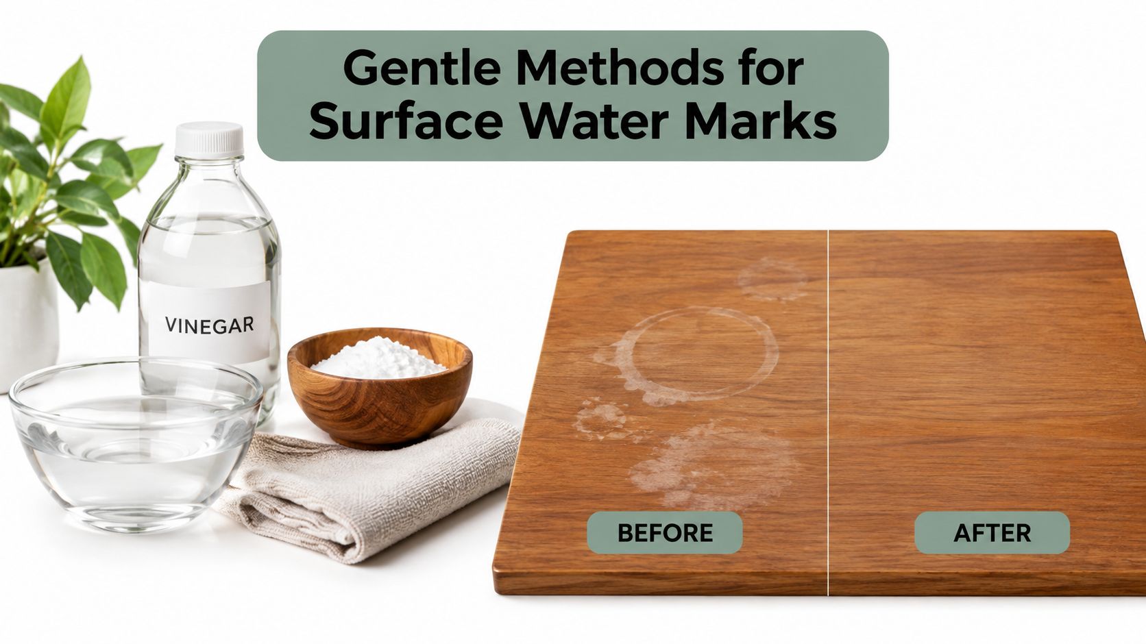 A wooden board showing water marks before and after cleaning with vinegar, baking soda, and a cloth.