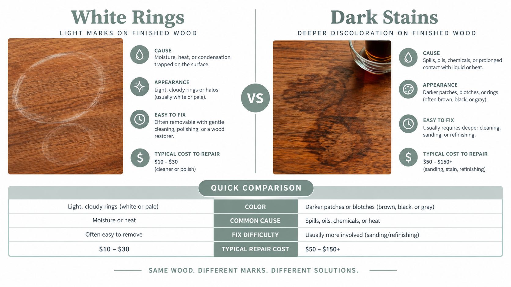 A comparison chart explaining the differences between white rings and dark stains on finished wood furniture surfaces.
