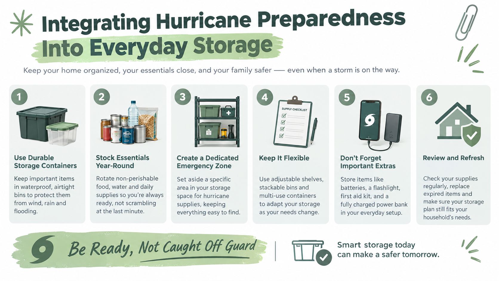 A six-step infographic guide on how to integrate hurricane preparedness and emergency supplies into everyday home storage.