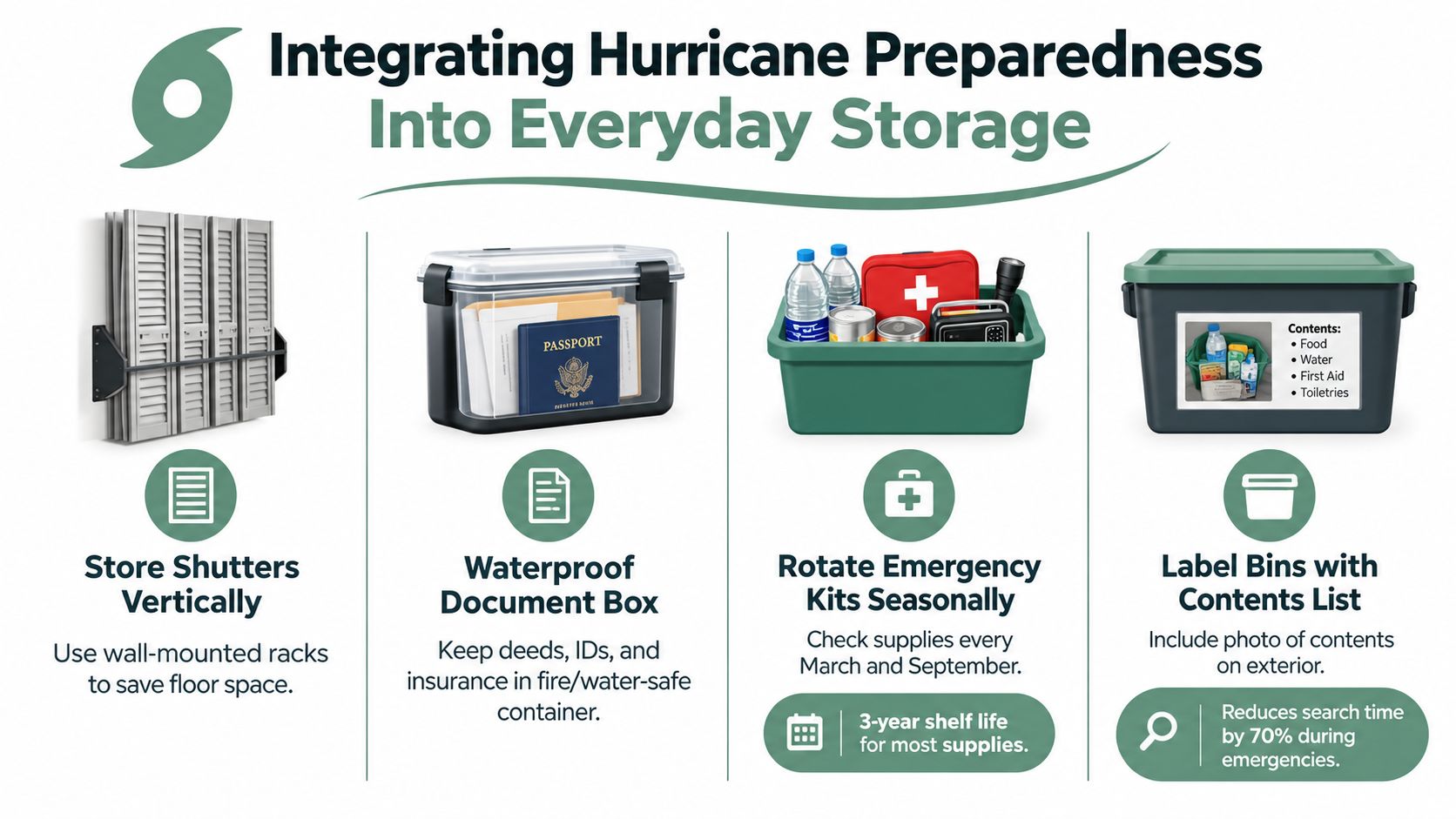 An infographic showing tips for integrating hurricane preparedness with everyday home storage and organization strategies.