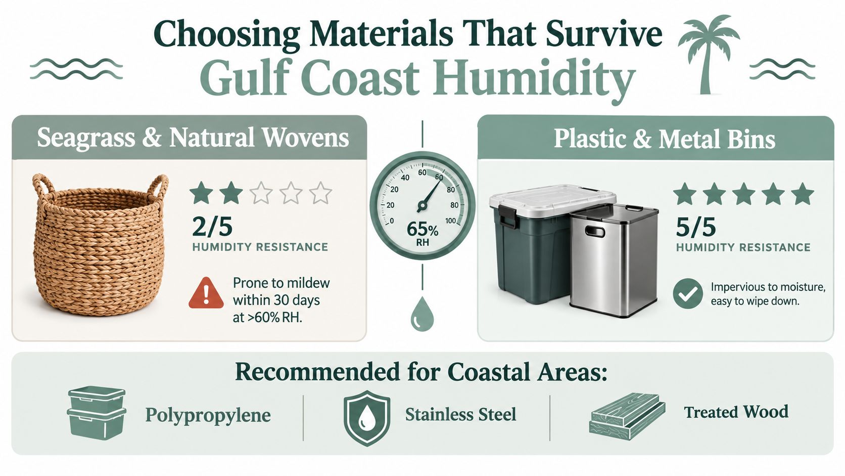 An infographic comparing humidity resistance of seagrass baskets versus plastic and metal storage bins for coastal homes.