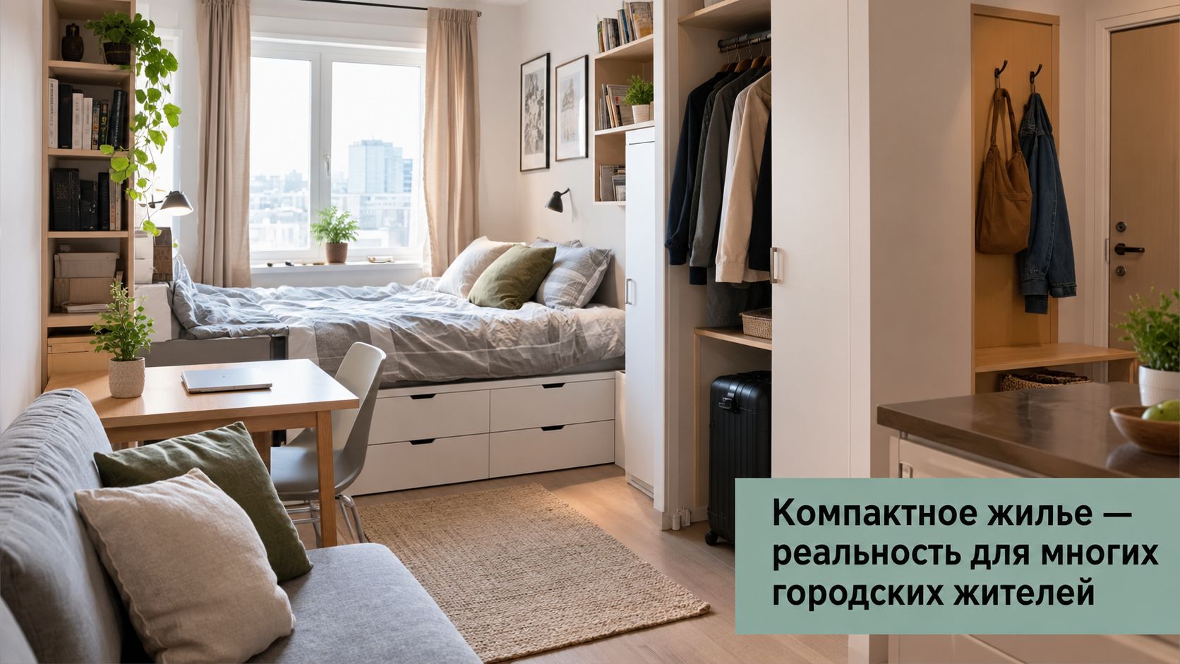 A cozy, well-organized studio apartment interior featuring a bed with storage, desk, and open closet space.