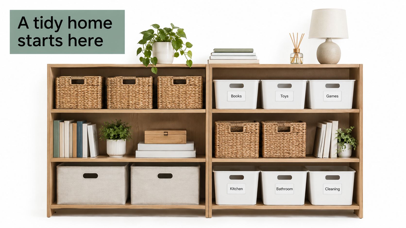 A minimalist wooden bookshelf organized with labeled white bins and woven baskets for a tidy home.