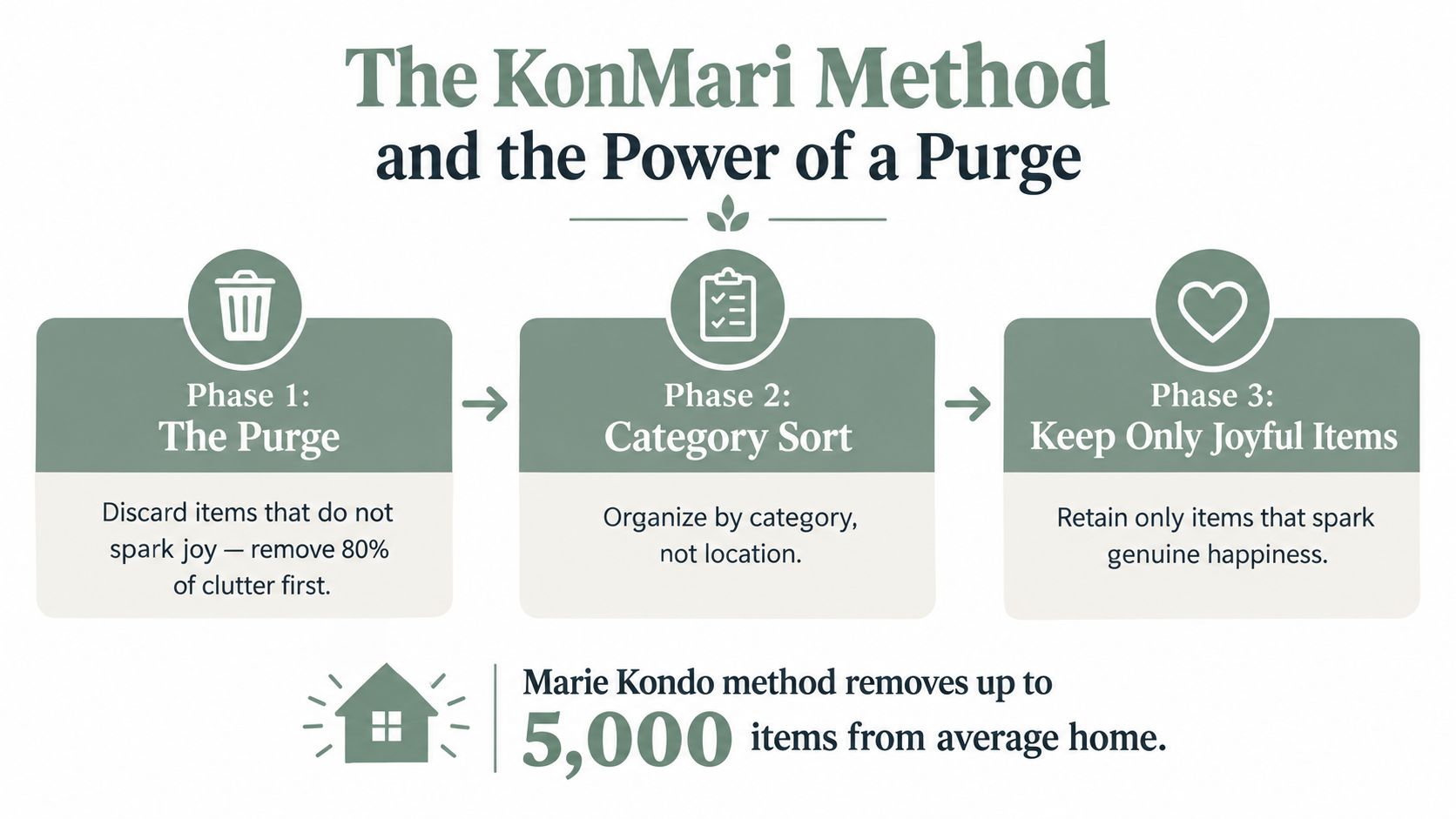 A diagram illustrating the three phases of the KonMari method for decluttering and organizing a home.