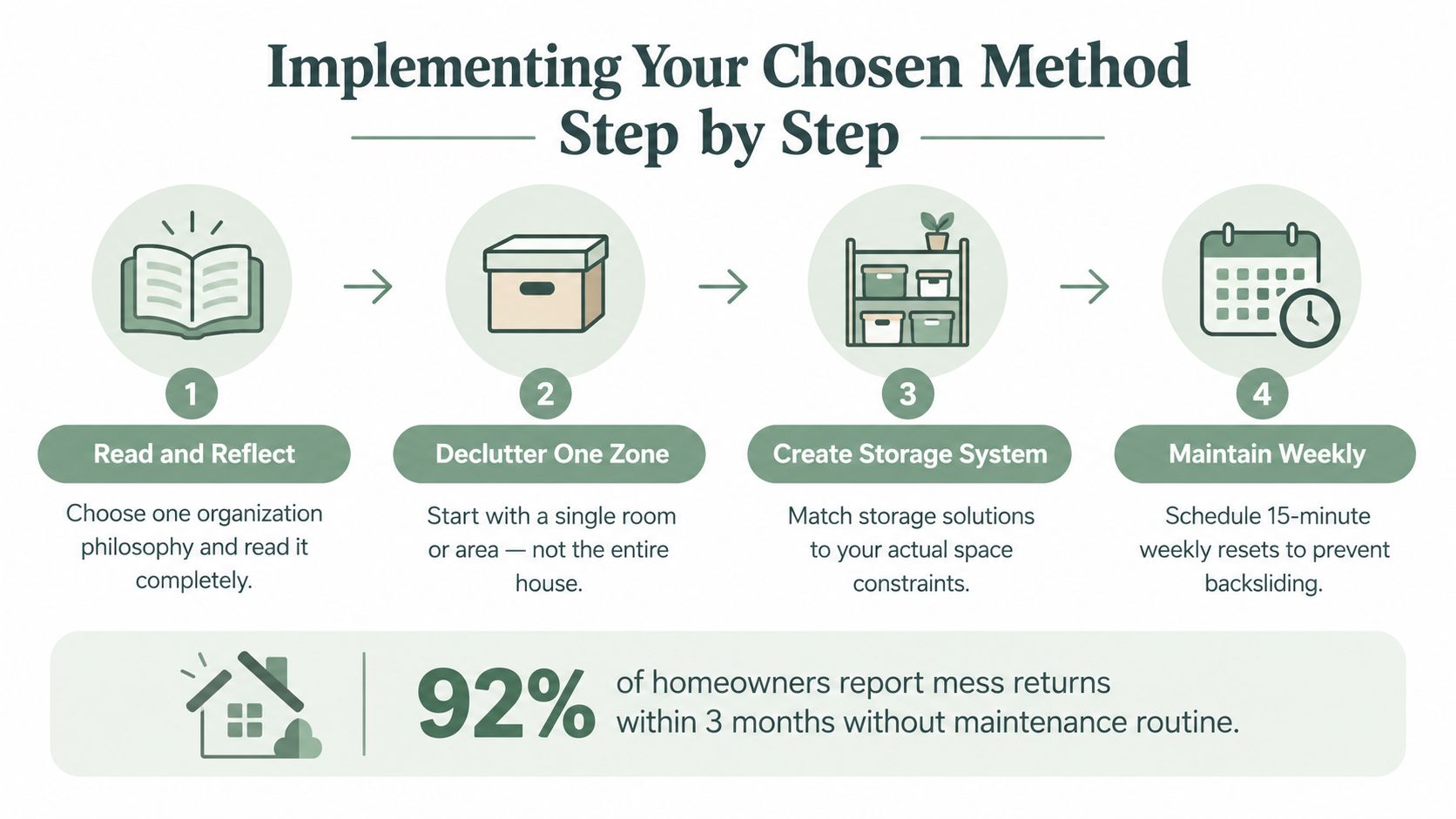 A four-step infographic illustrating a simple method for home organization, starting with reading and ending with maintenance.