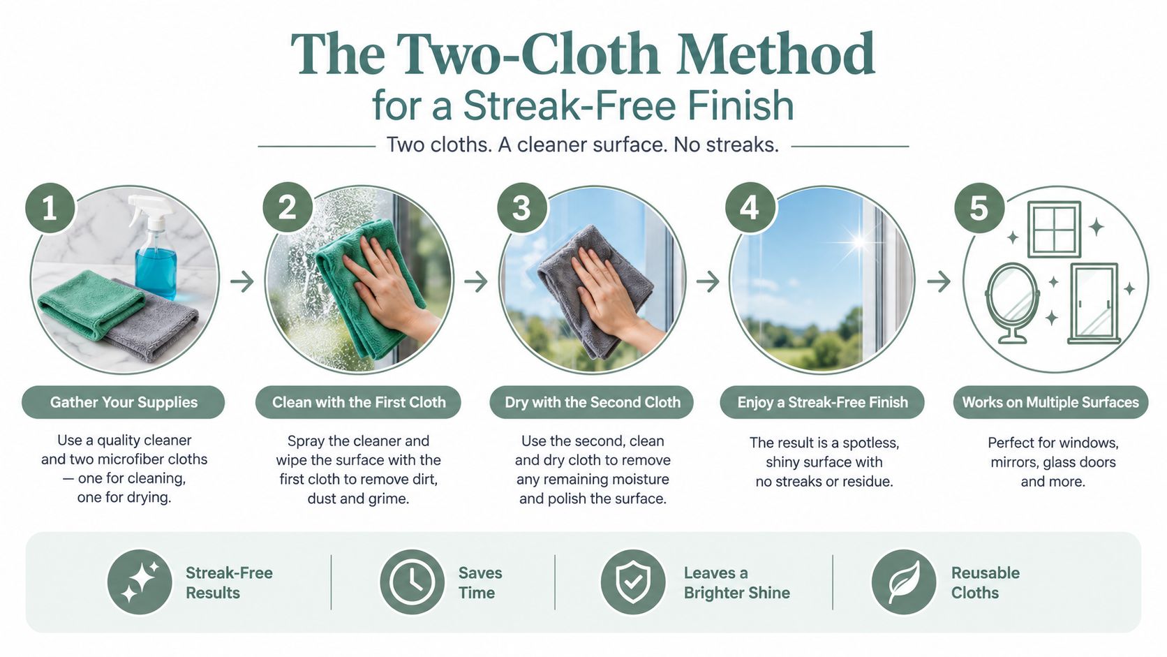 A step-by-step instructional graphic showing the two-cloth method for achieving a streak-free clean on glass surfaces.