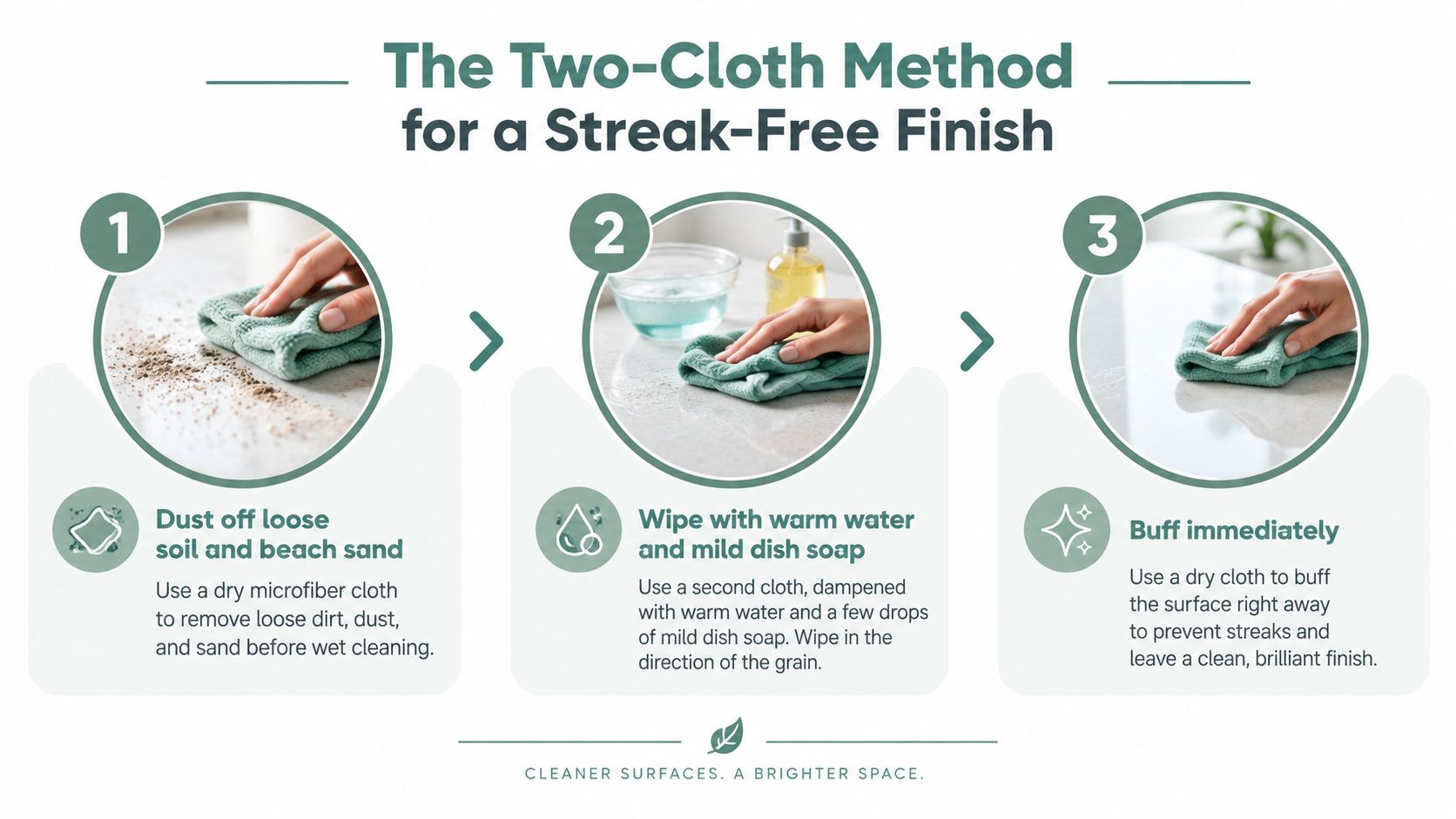 An infographic showing a three-step process for cleaning surfaces using two microfiber cloths for a streak-free finish.