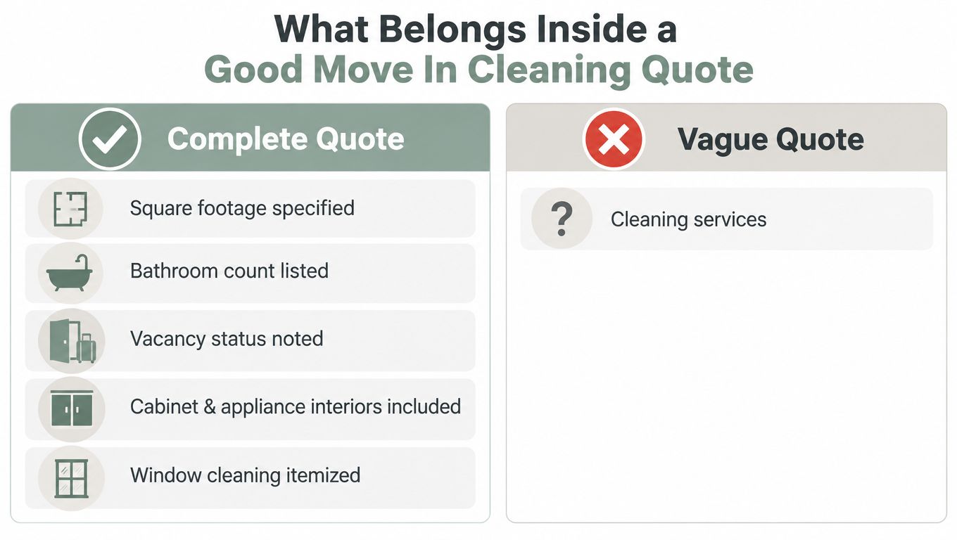 An infographic comparing components of a complete move in cleaning quote versus a vague cleaning service quote.