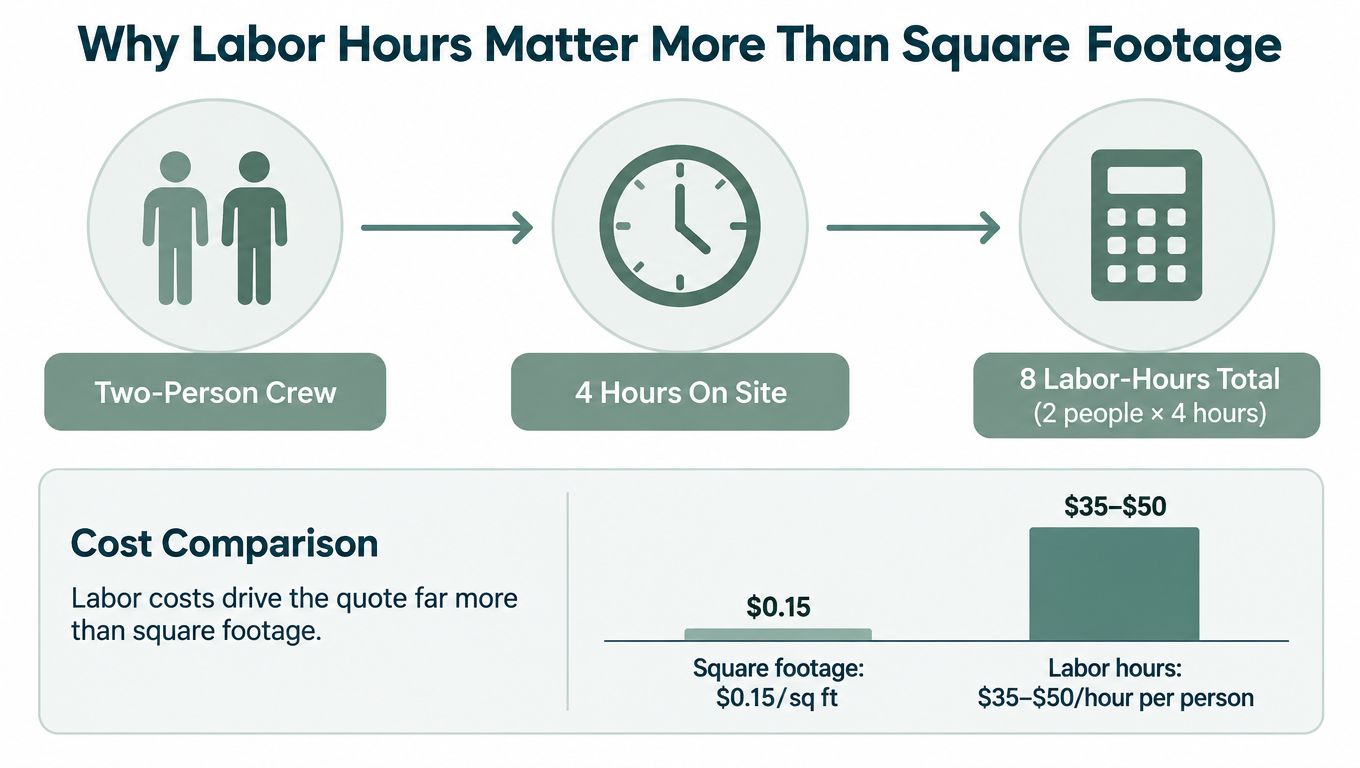 An infographic illustrating why labor hours determine moving cleaning costs more accurately than square footage.
