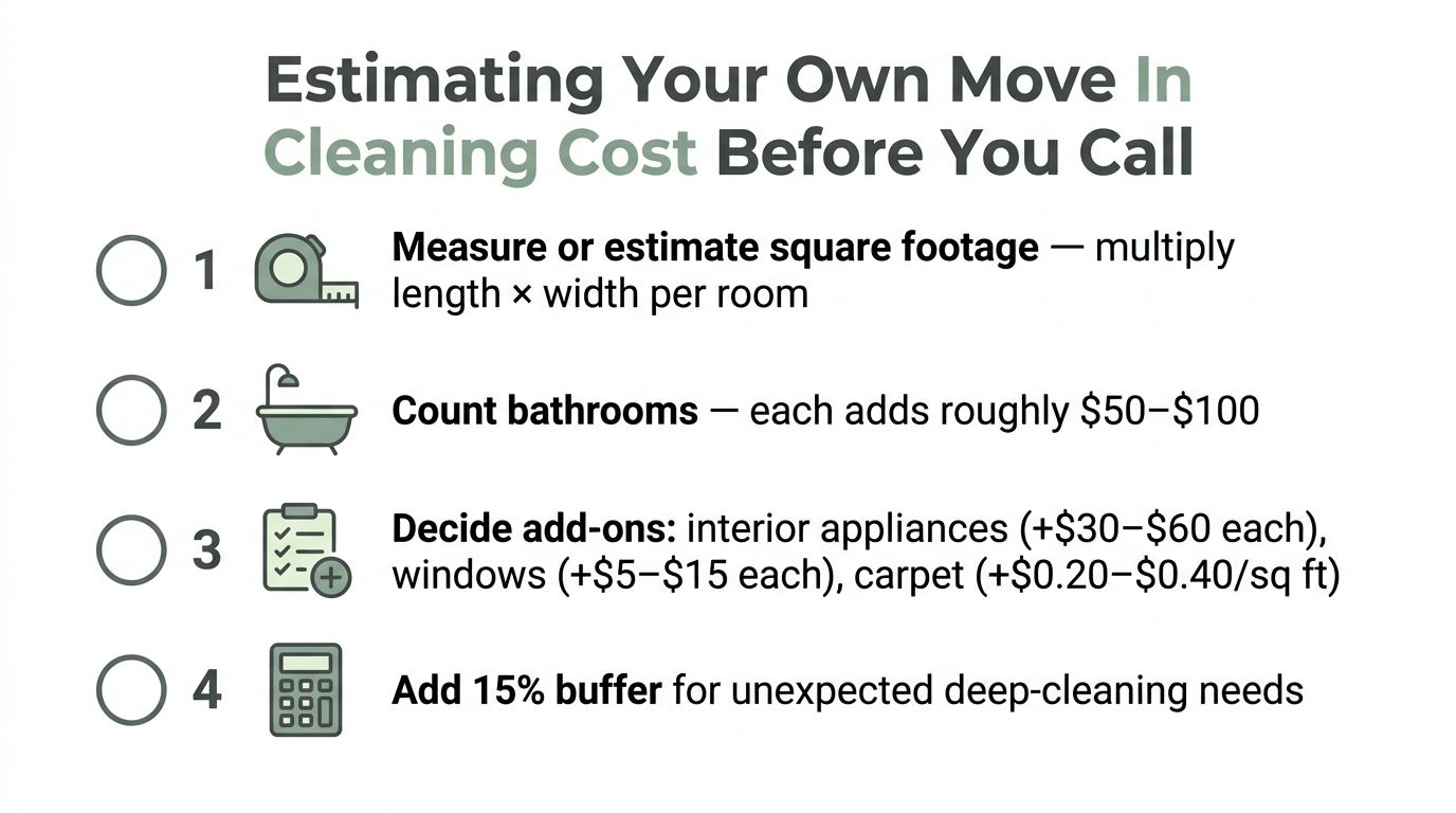 A checklist illustrating how to estimate move-in cleaning costs by calculating room size, bathrooms, and additional services.