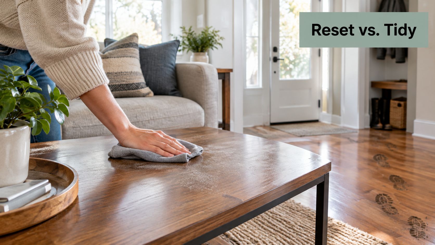 A person wiping dust off a wooden coffee table in a tidy living room with footprints on floor.