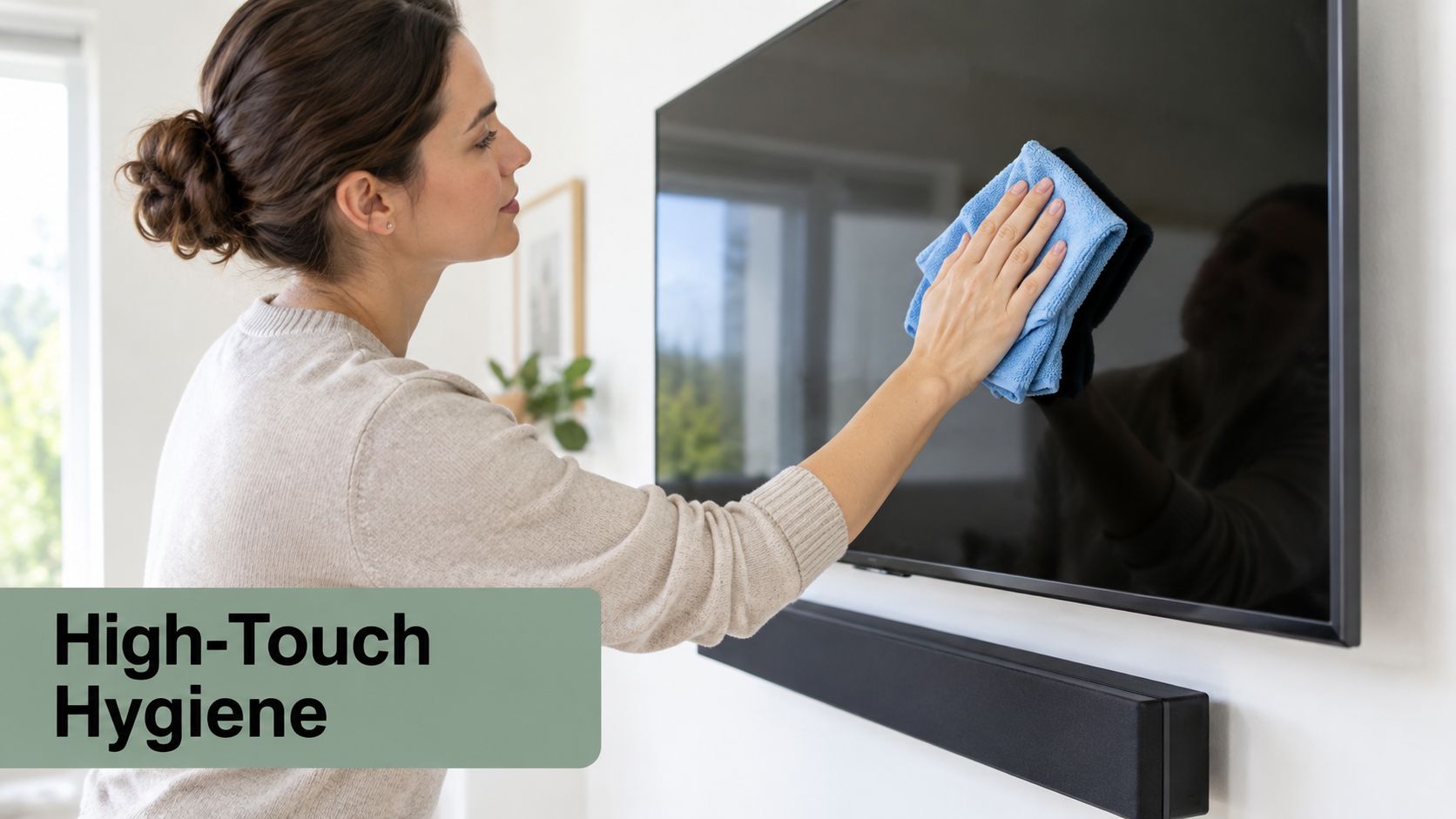A woman cleaning a television screen with a blue microfiber cloth in a bright, modern living room.