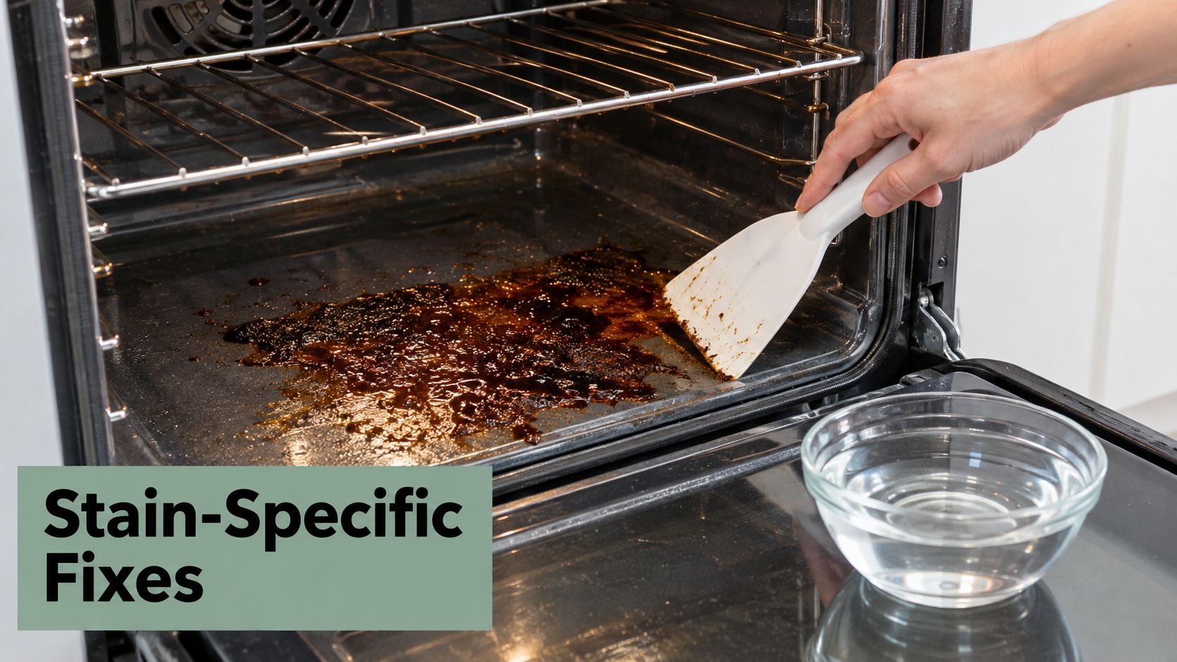 A hand using a plastic scraper to clean burnt food residue from the bottom of an oven.