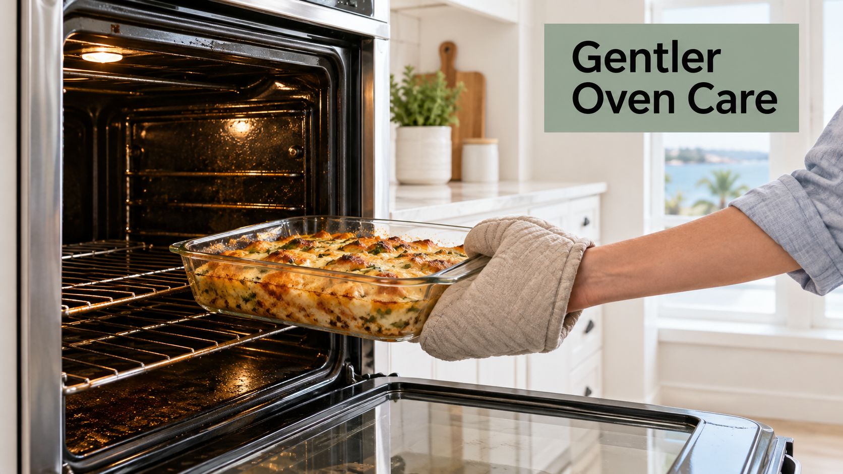 A person using an oven mitt to remove a freshly baked casserole dish from a modern oven.