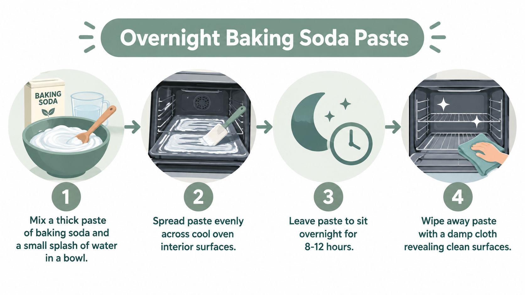A four-step infographic illustrating how to clean an oven using a simple homemade baking soda paste.