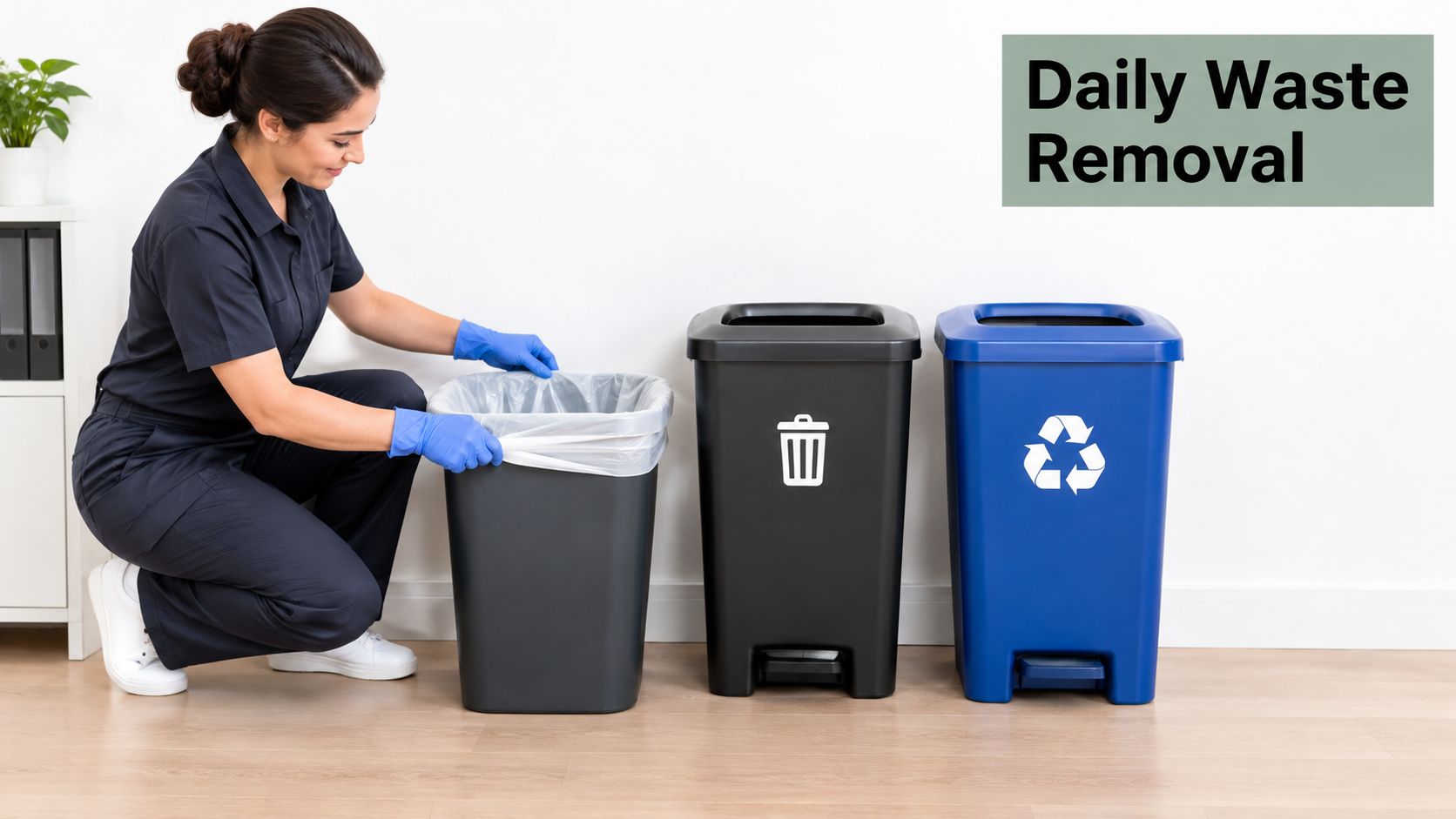 A professional cleaner in uniform and blue gloves putting a plastic liner into an office waste bin.