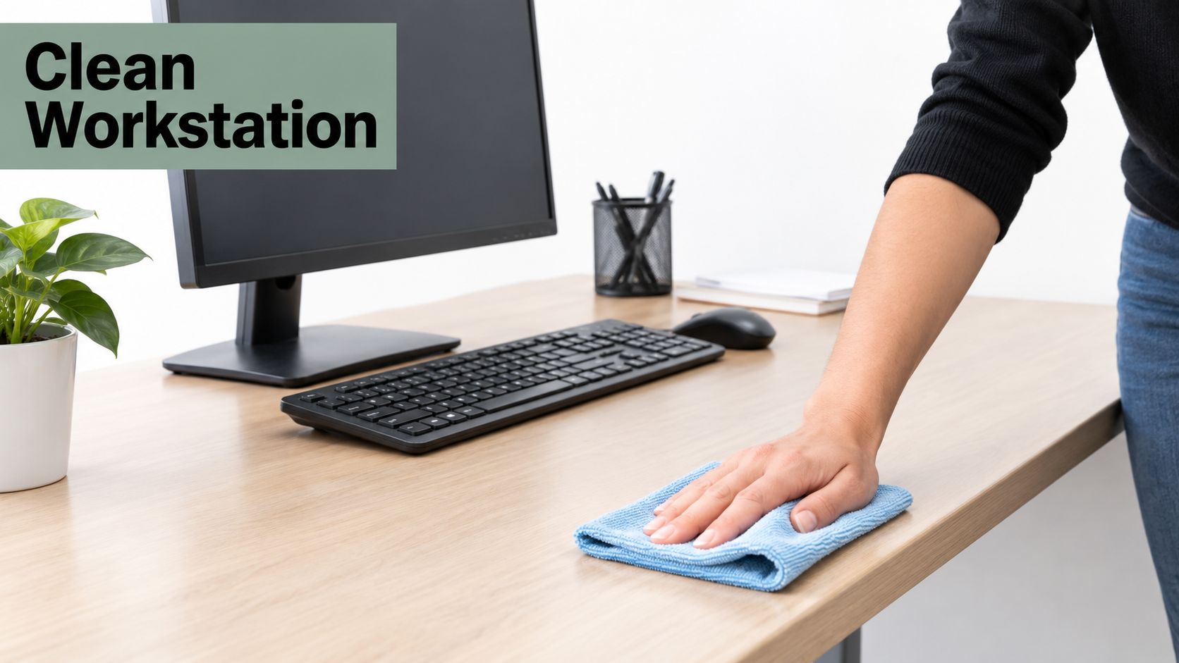 A person wiping down a clean wooden desk with a blue microfiber cloth in an office.