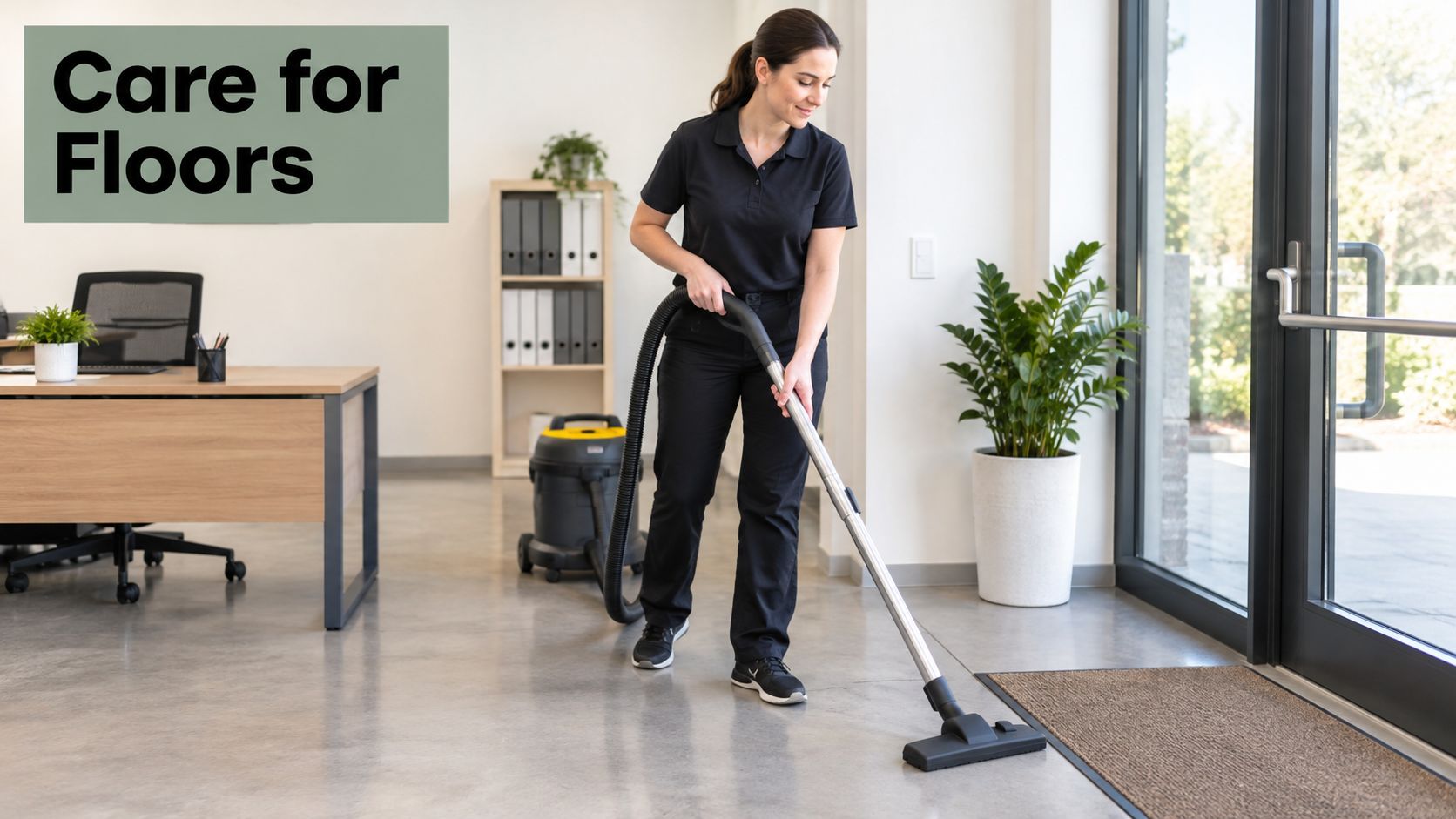 A professional cleaning staff member vacuuming the polished concrete floor in a modern office entrance area.