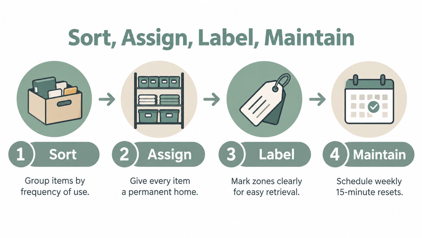 A four-step infographic showing the process of organizing a home through sorting, assigning, labeling, and maintaining.