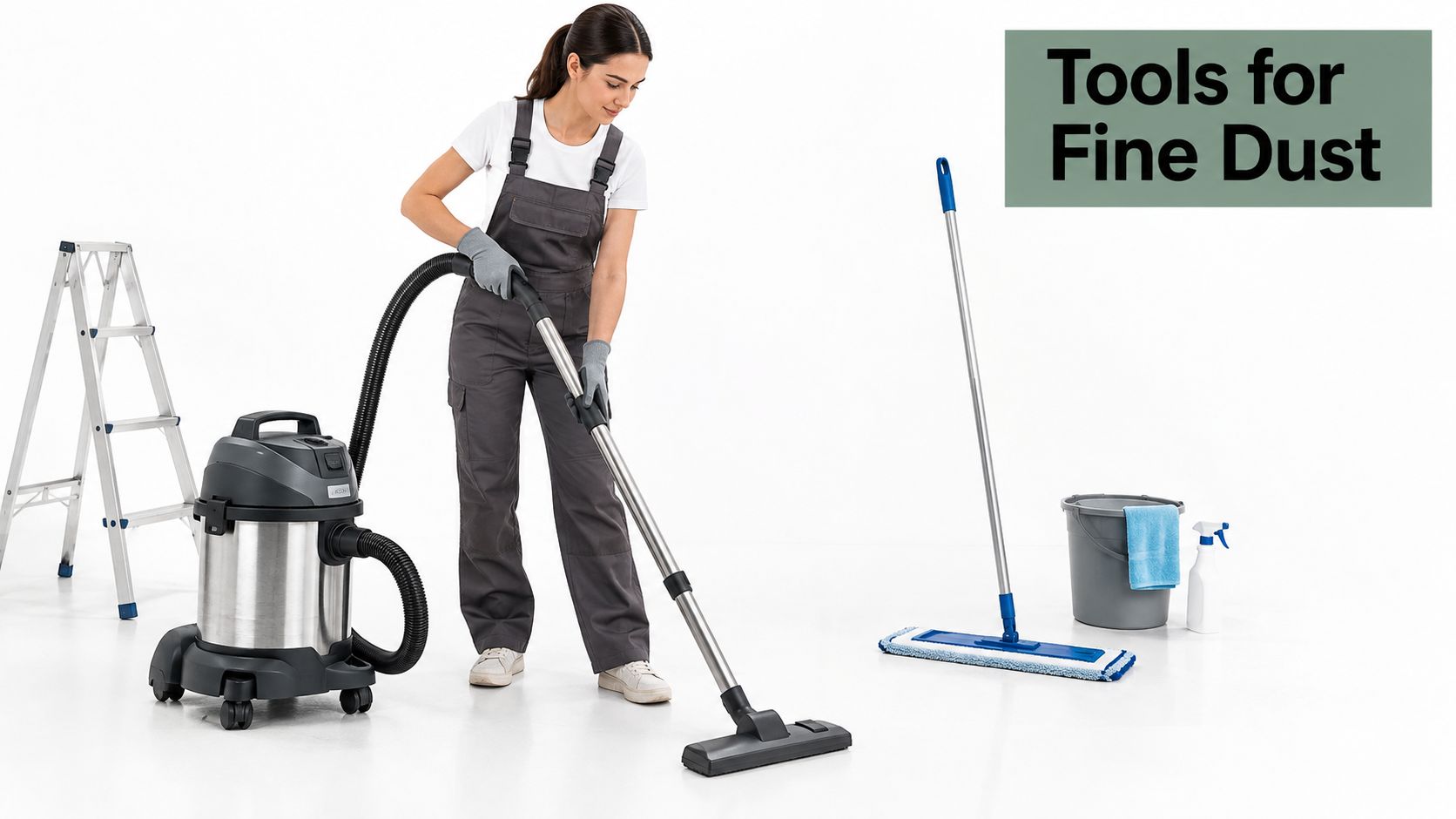 A professional cleaner uses a vacuum cleaner with other cleaning tools like a mop and bucket.