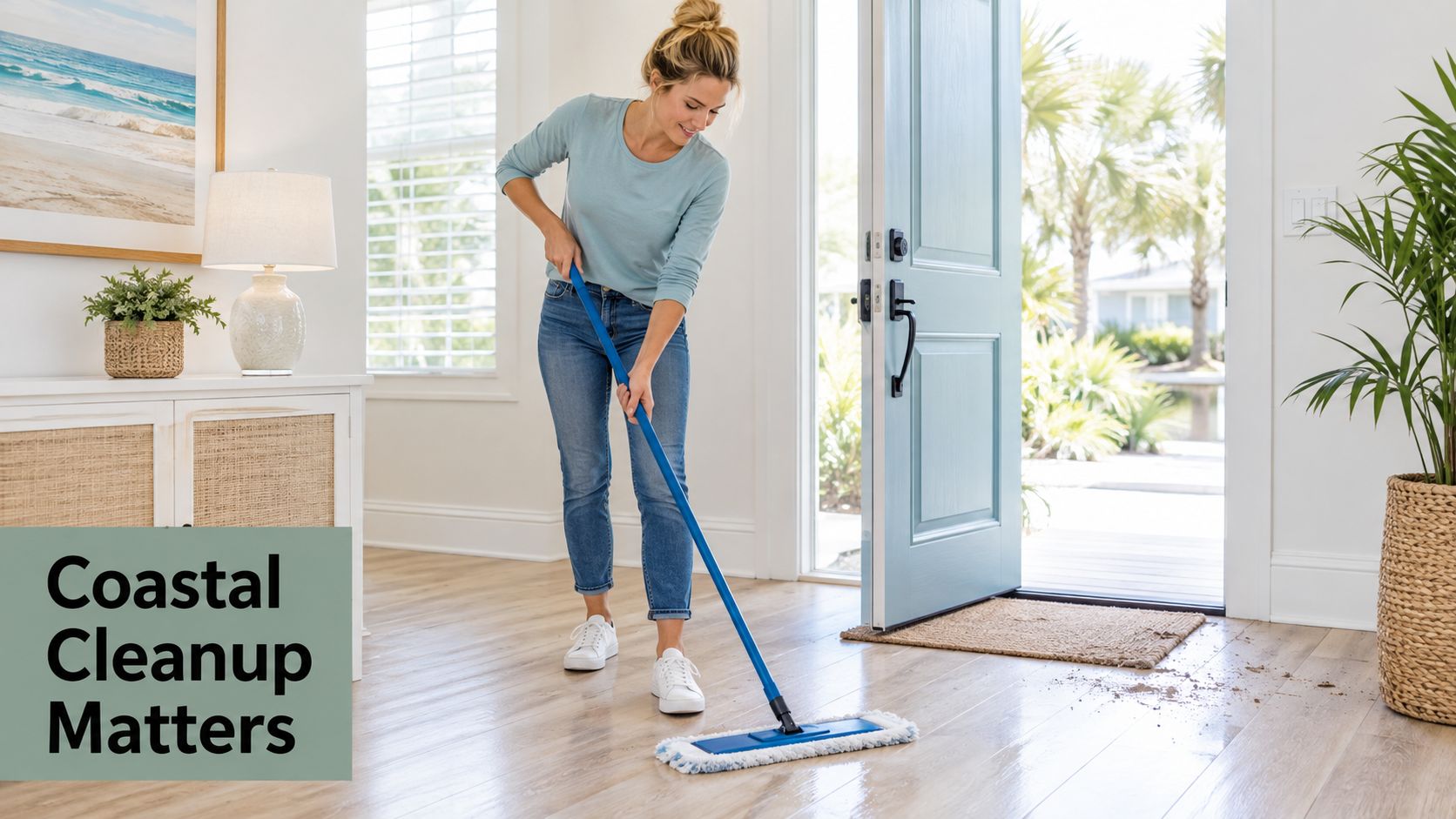 A woman with her hair in a bun cleaning a bright hardwood floor with a blue mop.