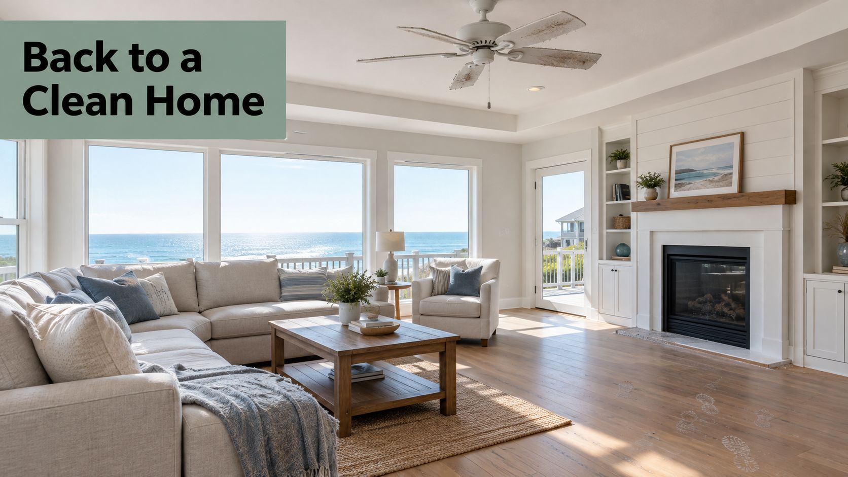 A clean, modern beach house living room overlooking the ocean after a post-construction cleaning service.