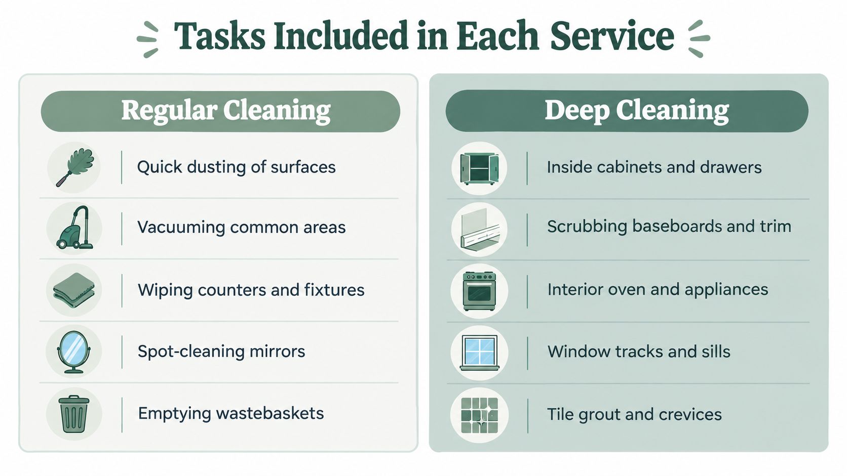 A comparison chart showing the different cleaning tasks included in regular cleaning versus deep cleaning services.
