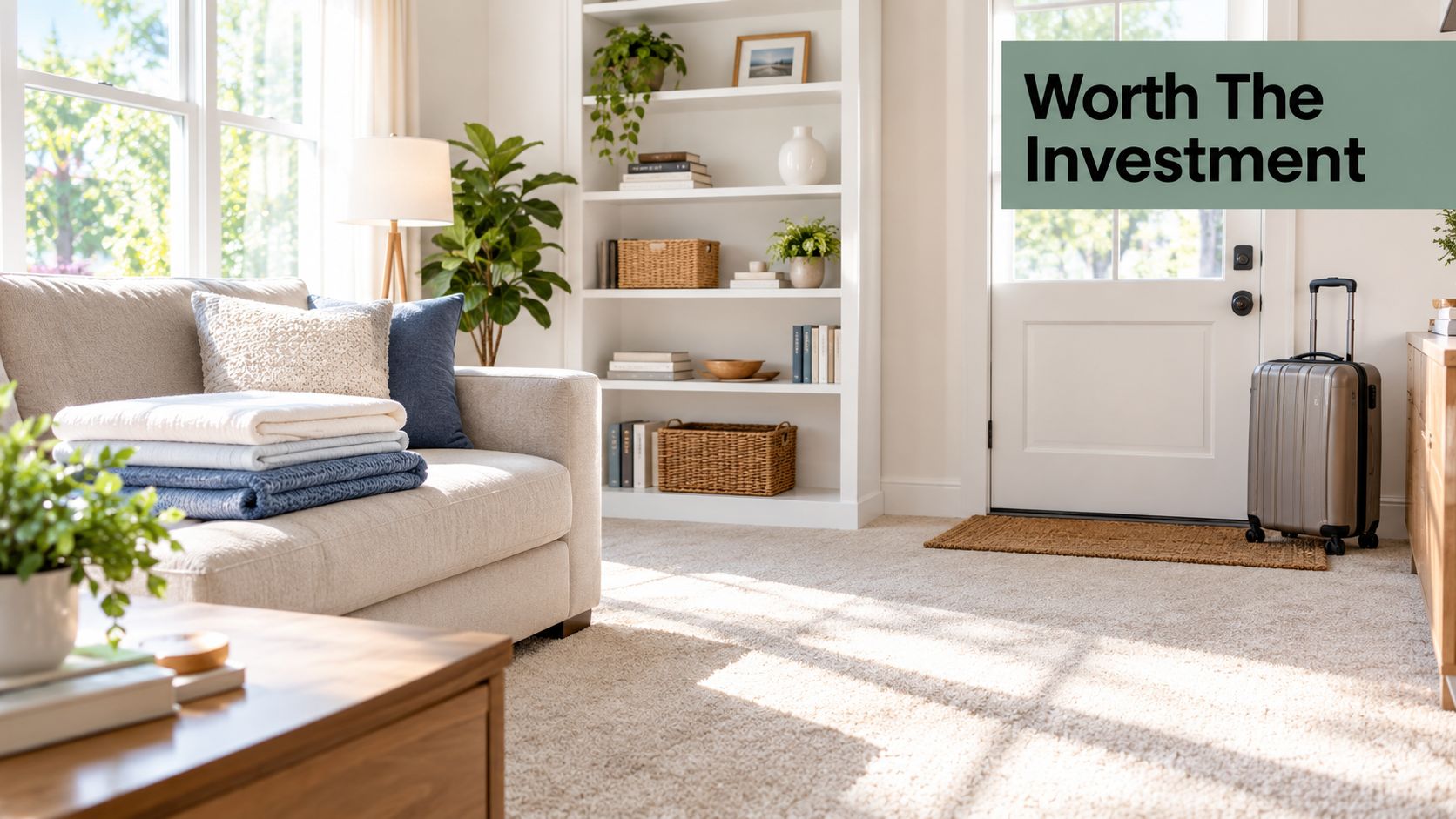 A cozy, sunlit living room featuring a comfortable couch with folded blankets, a bookshelf, and luggage.