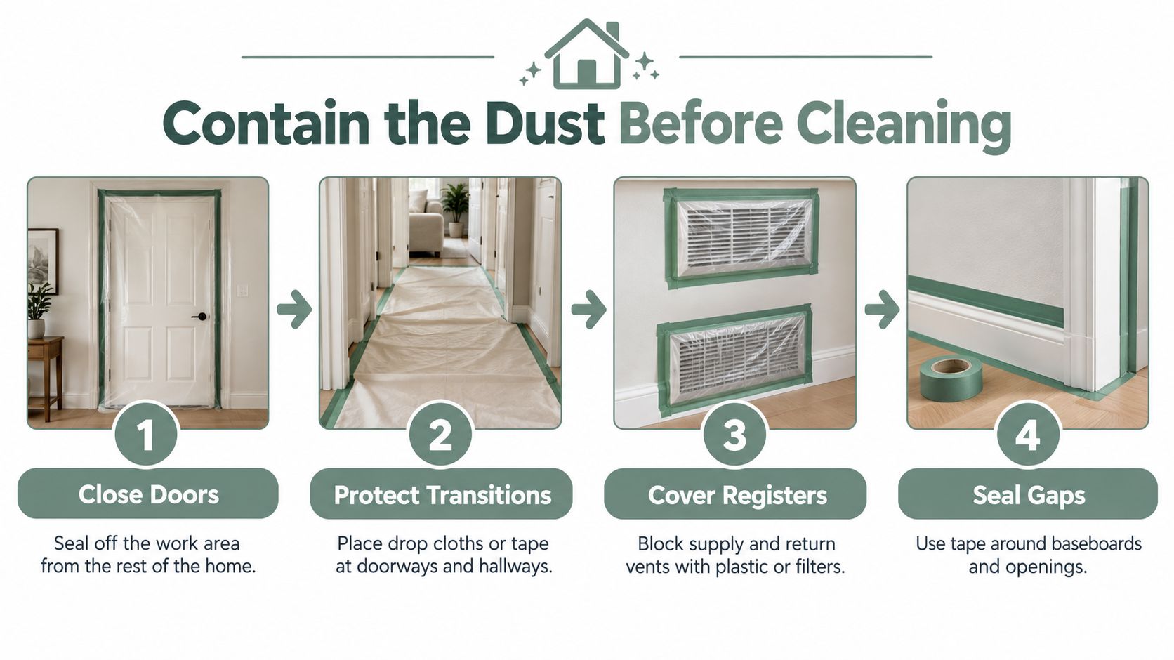 An infographic showing four steps to contain dust before cleaning, including sealing doors, covering vents, and using tape.