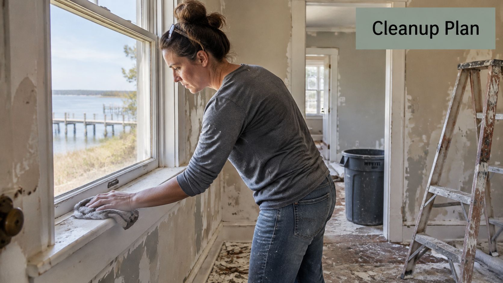 A woman cleaning dust off a window sill in a room undergoing home construction and renovation.