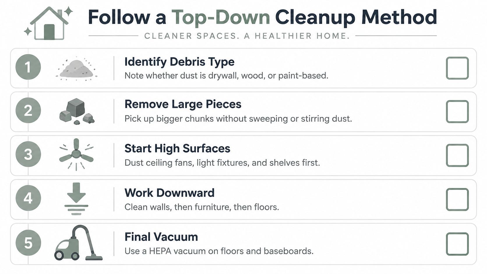 A checklist infographic illustrating the five steps of a top-down cleanup method for a construction-filled home.