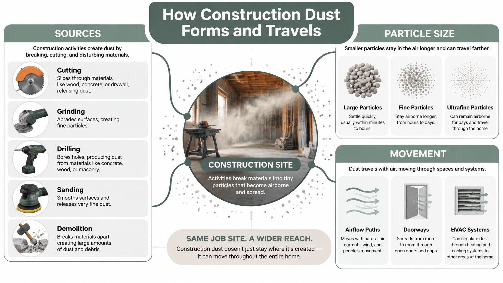 An infographic showing how construction dust is created from various tools and spreads throughout a home.