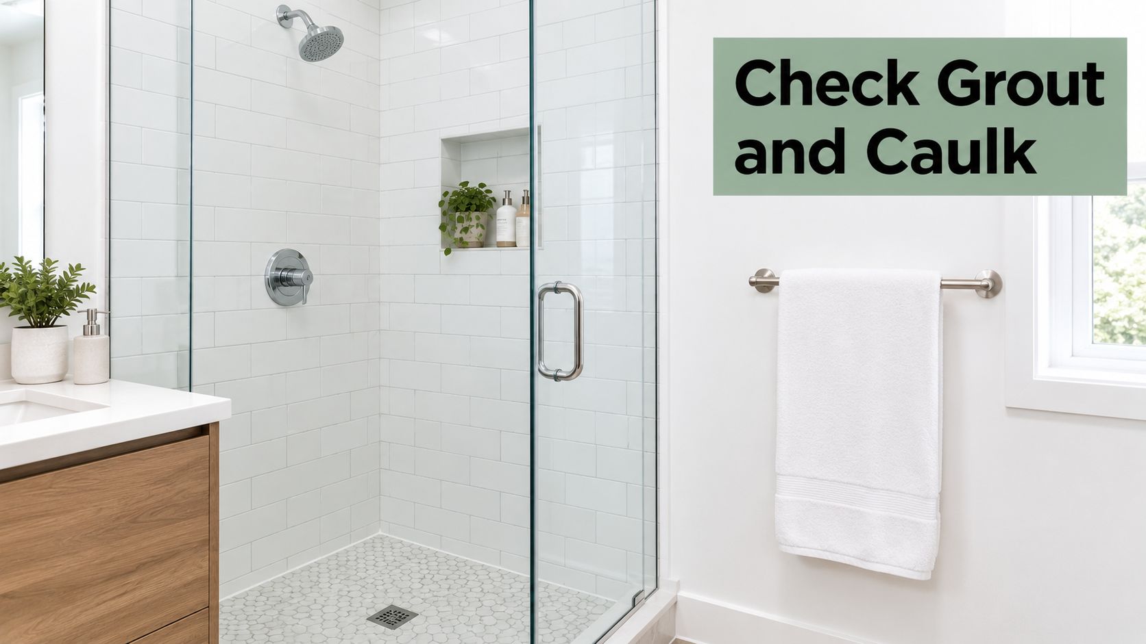 A modern, clean bathroom with a glass shower enclosure featuring white subway tiles and marble floors.