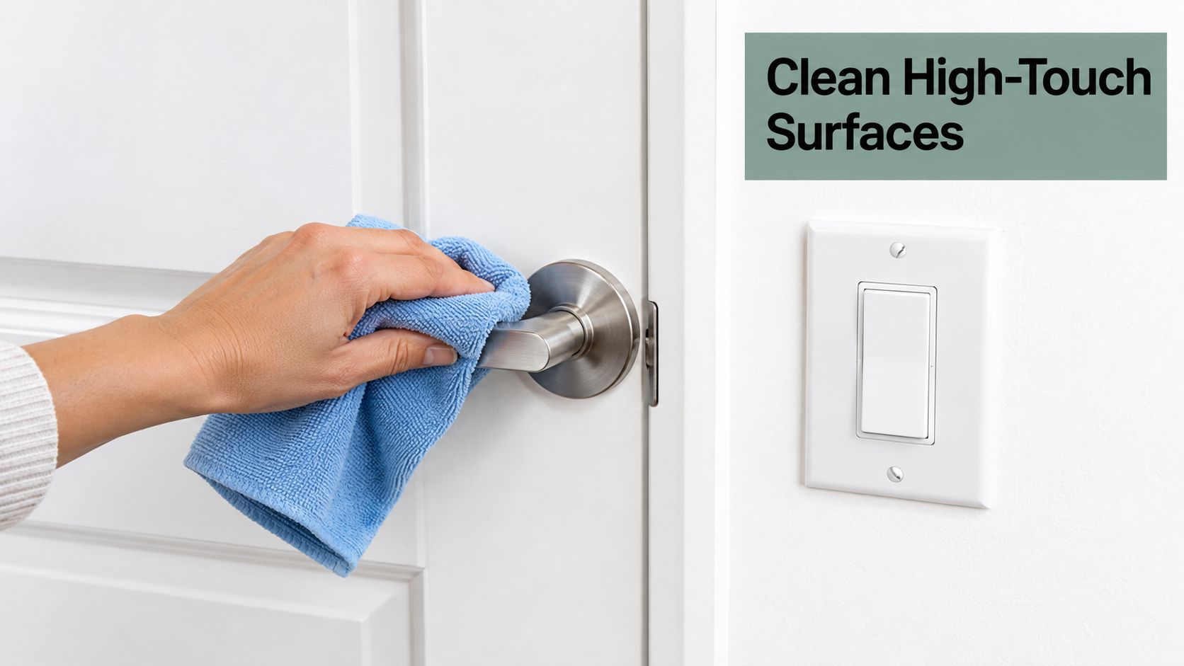 A person cleaning a metal door handle with a blue microfiber cloth as part of sanitization routine.