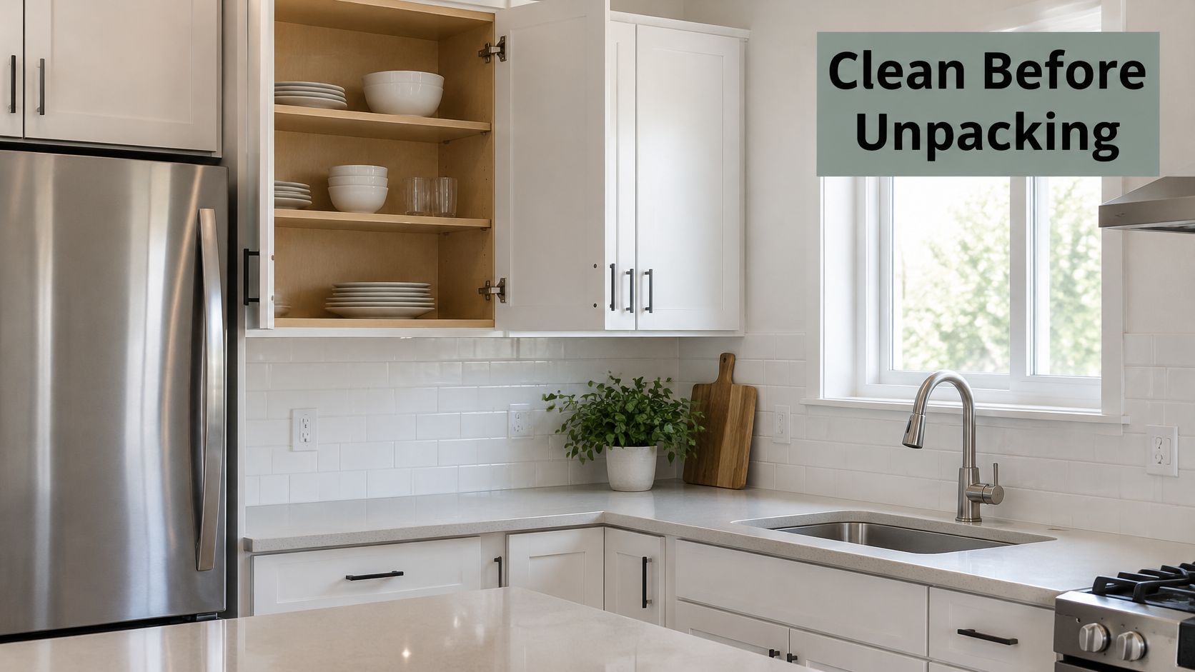 A modern, clean kitchen featuring white cabinetry and stainless steel appliances, emphasizing a fresh, organized space.