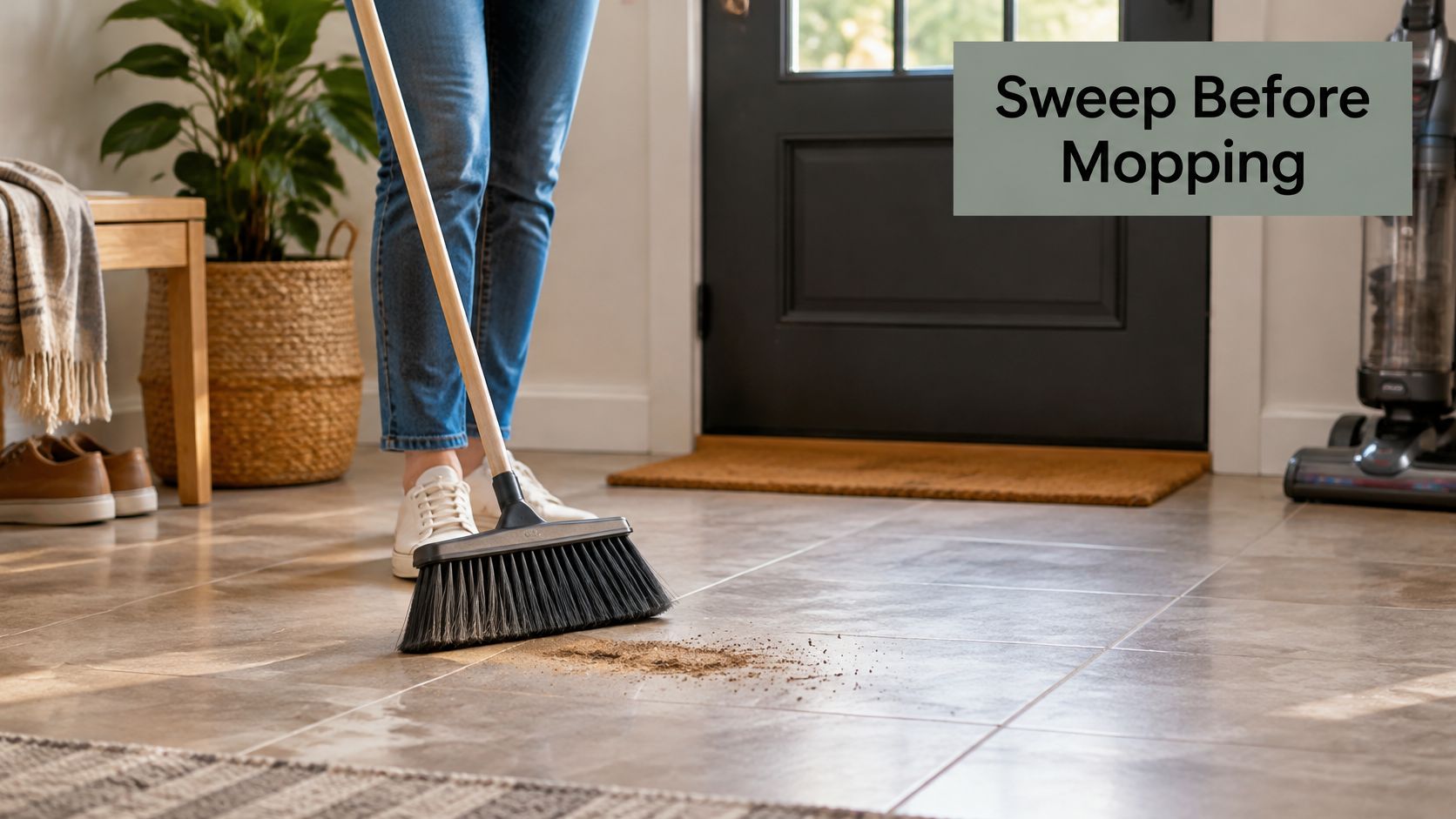 A person sweeping dirt and debris from a tiled floor near an entryway as part of cleaning.