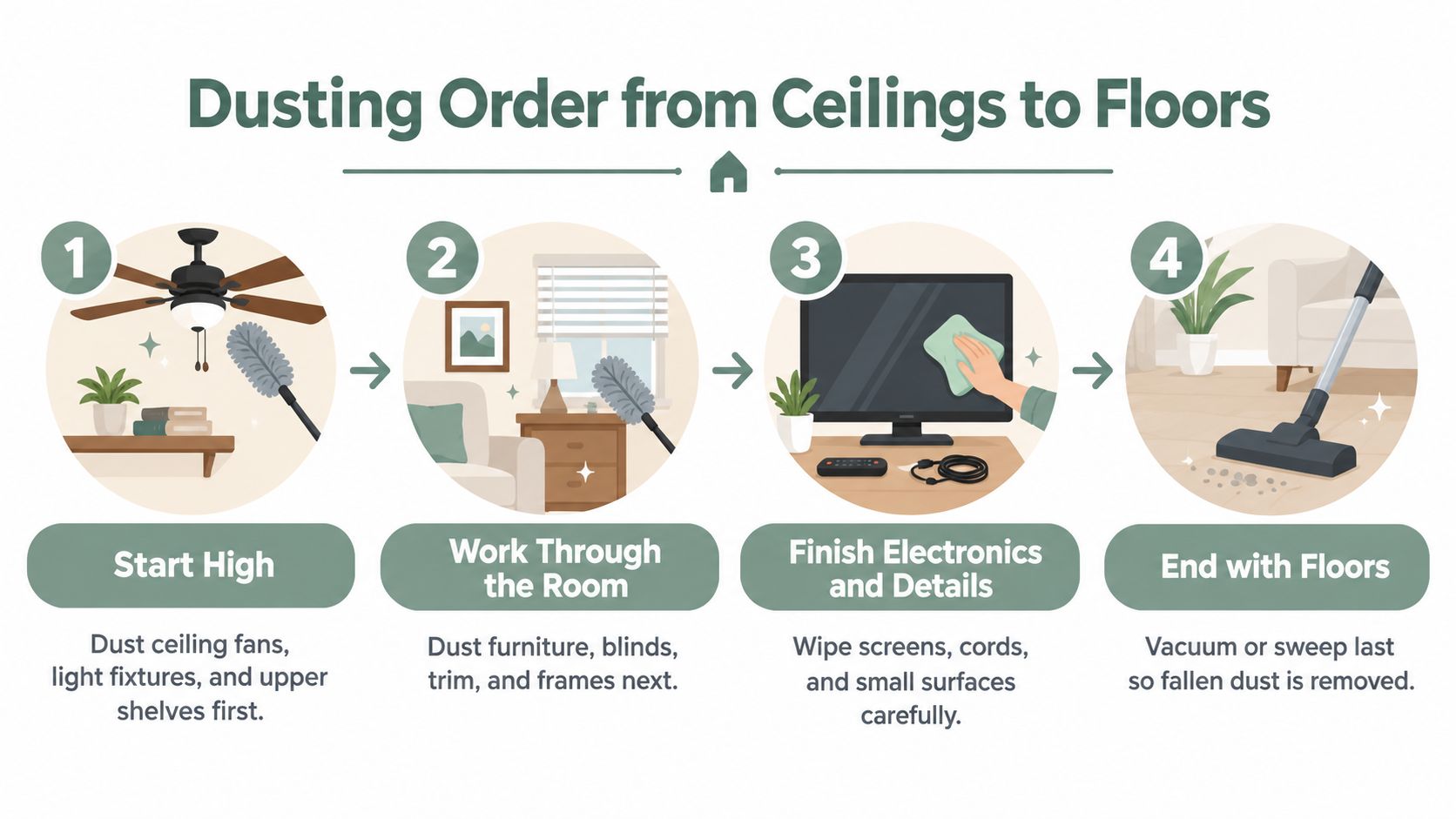 A step-by-step infographic showing the proper order to dust a room from ceiling to floor.