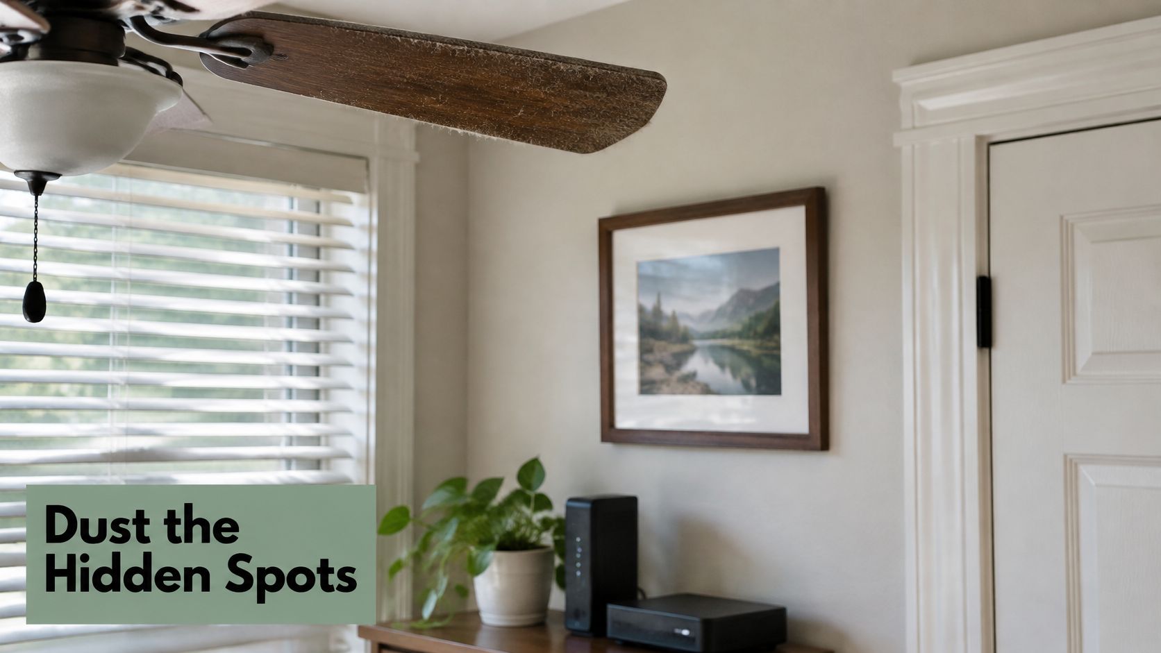 A close-up view of a dusty ceiling fan blade hanging above a window in a home interior.