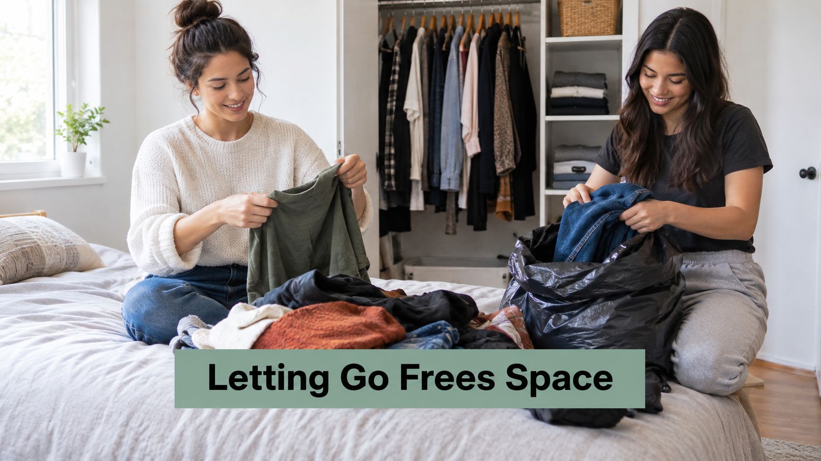 Two women happily sorting and donating clothes from their closet while sitting on a bed together.