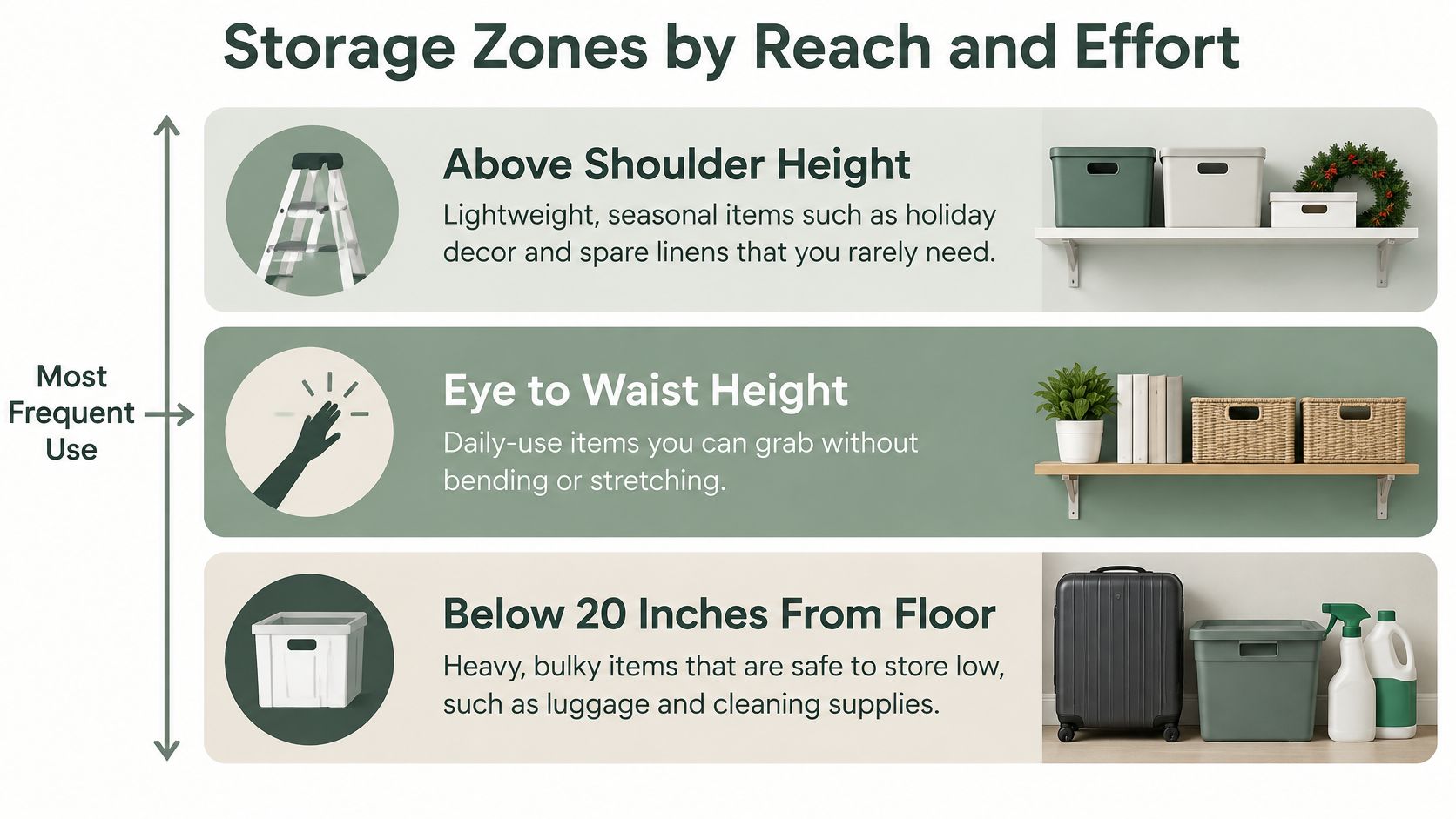 A chart illustrating effective home storage zones categorized by height, reach, and frequency of item usage.