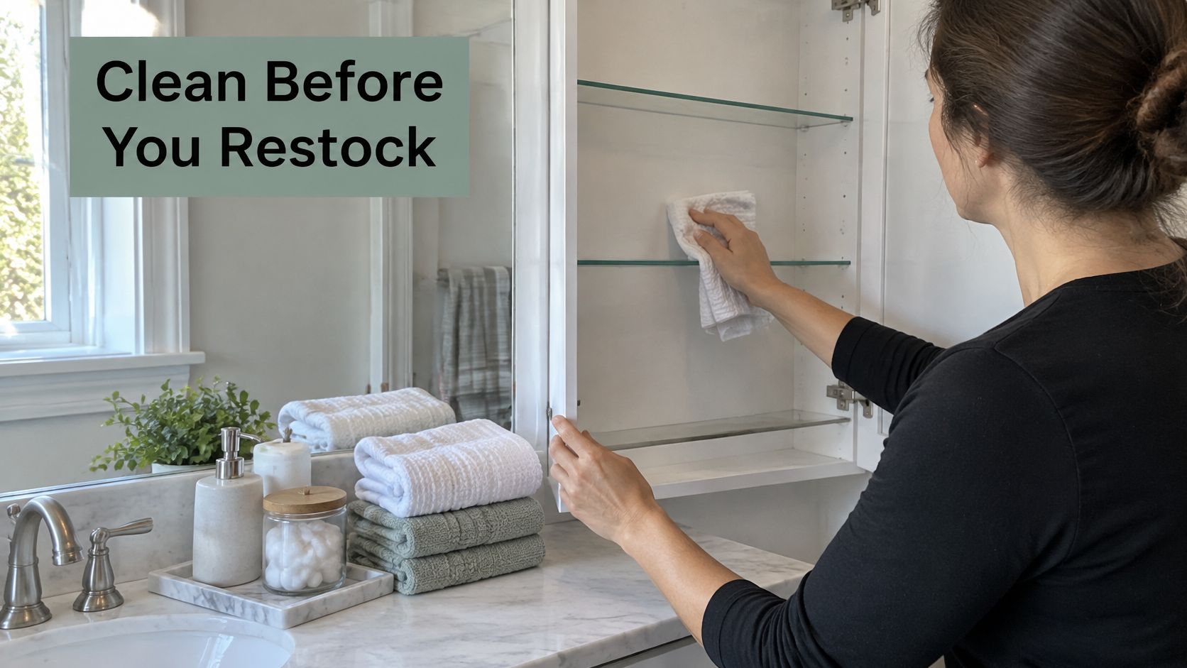 A woman cleaning the inside of an open bathroom medicine cabinet with a white cloth.