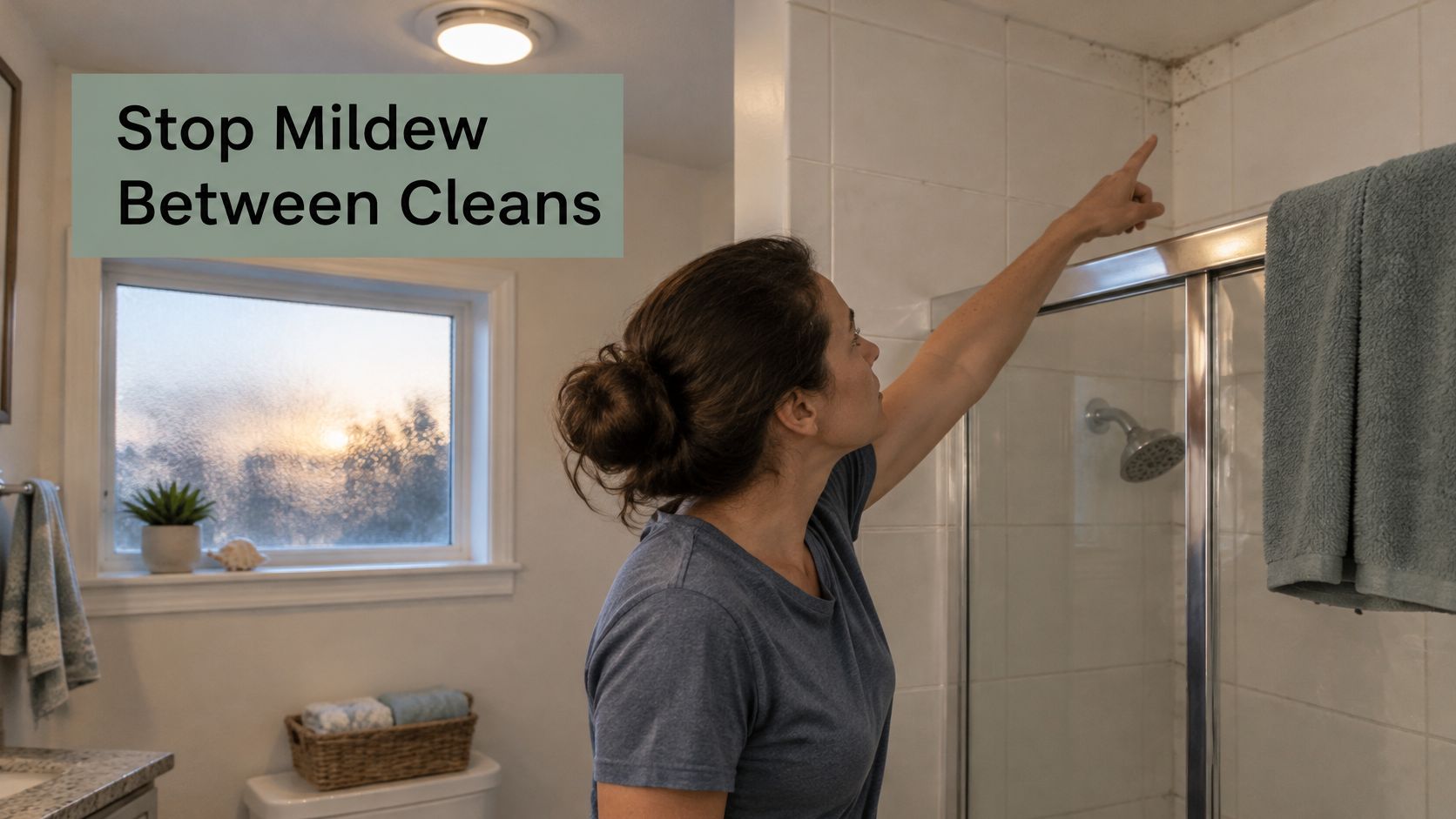 A woman points at mildew growth on the tile grout in a bathroom shower area.