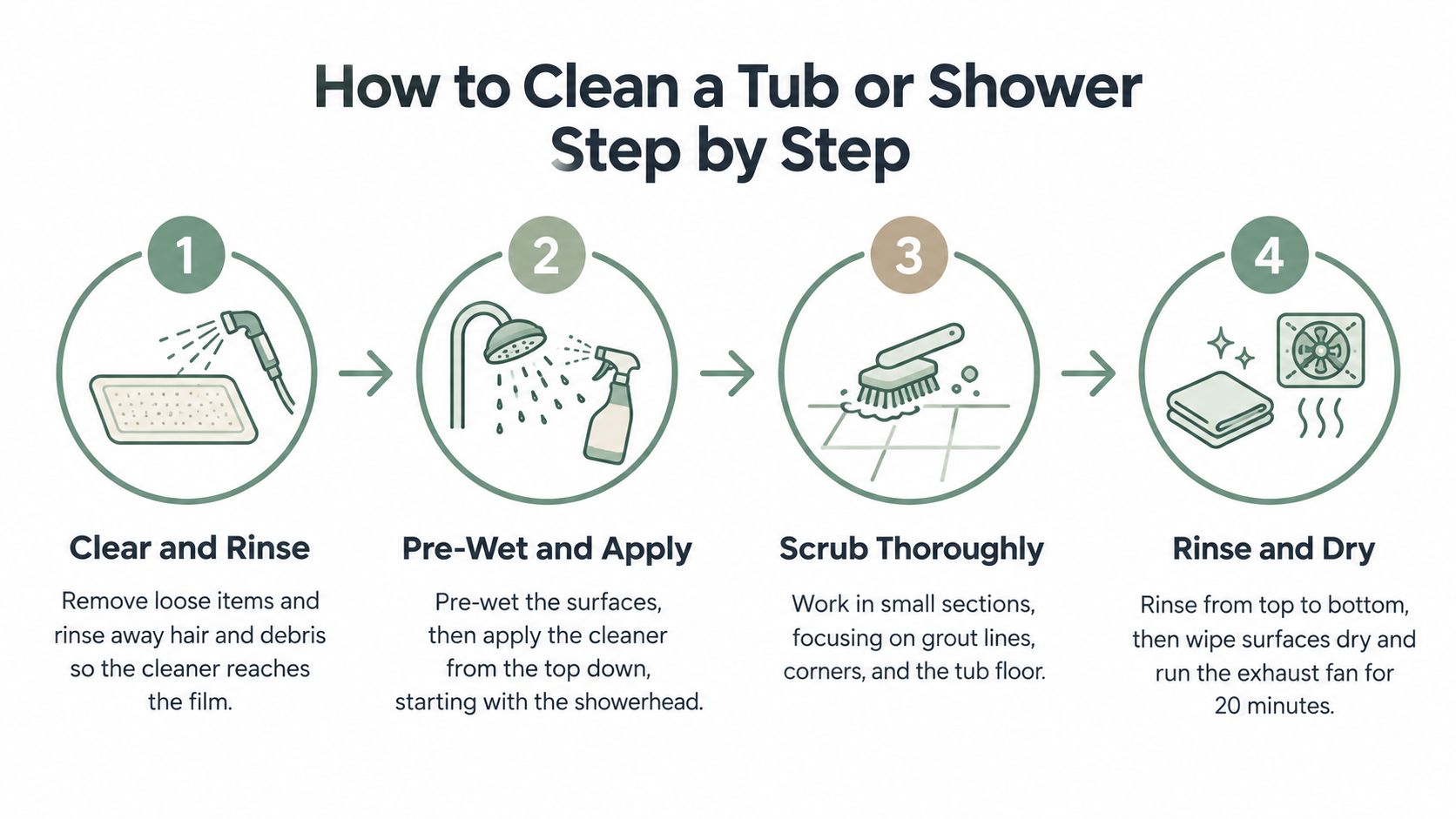 A four-step instructional infographic showing how to clean a bathtub or shower using simple icons and text.