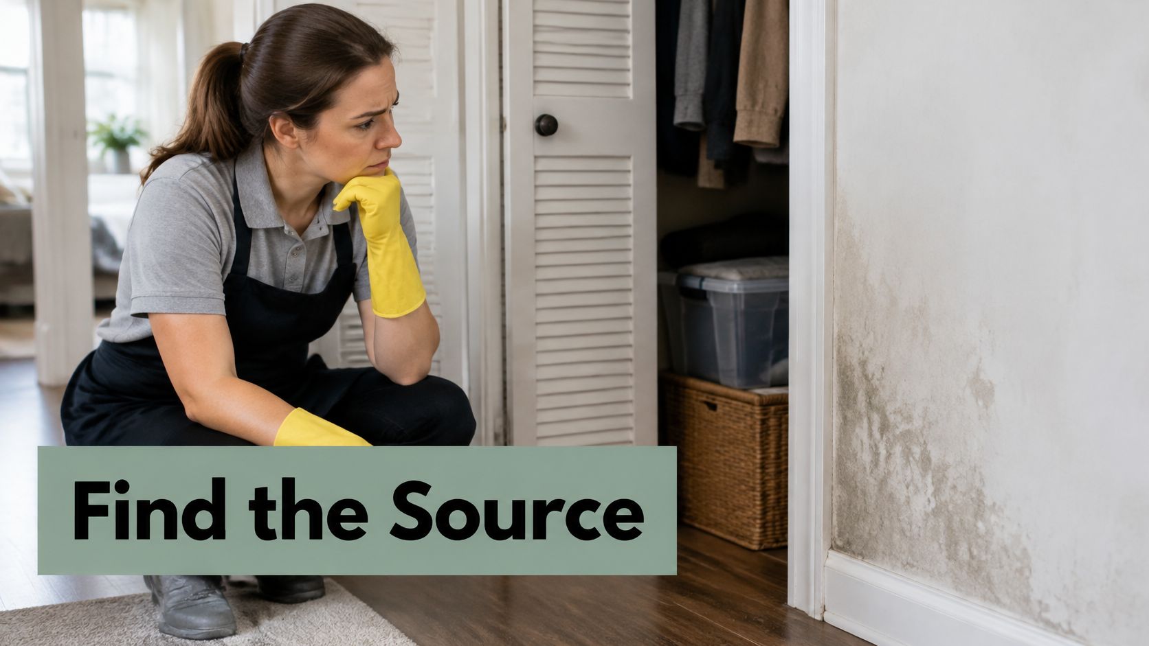 A professional cleaner wearing yellow gloves examines a moldy wall near a closet in a home.