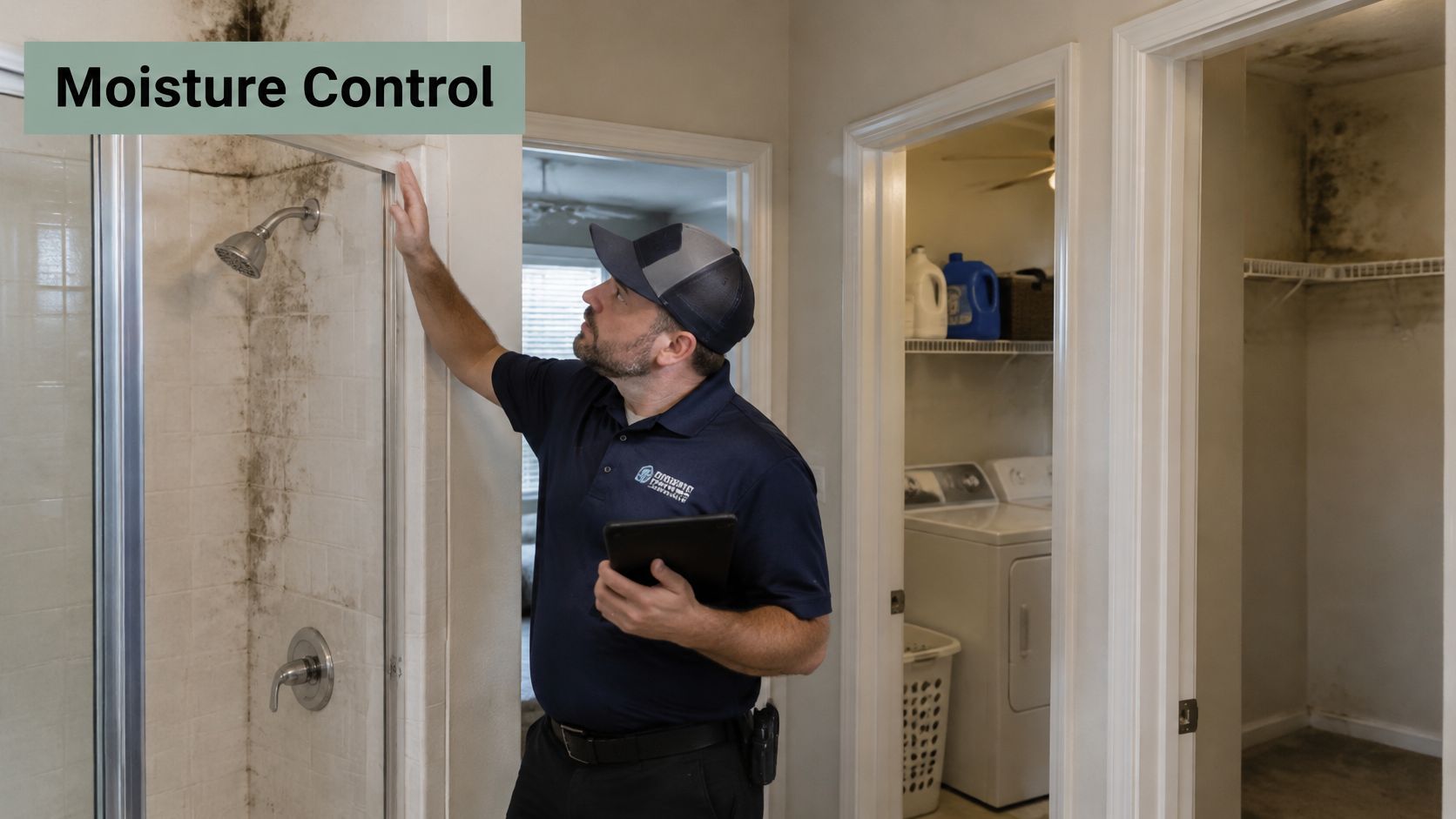 A professional technician inspecting mold growth on a bathroom wall for moisture control and cleaning assessment.