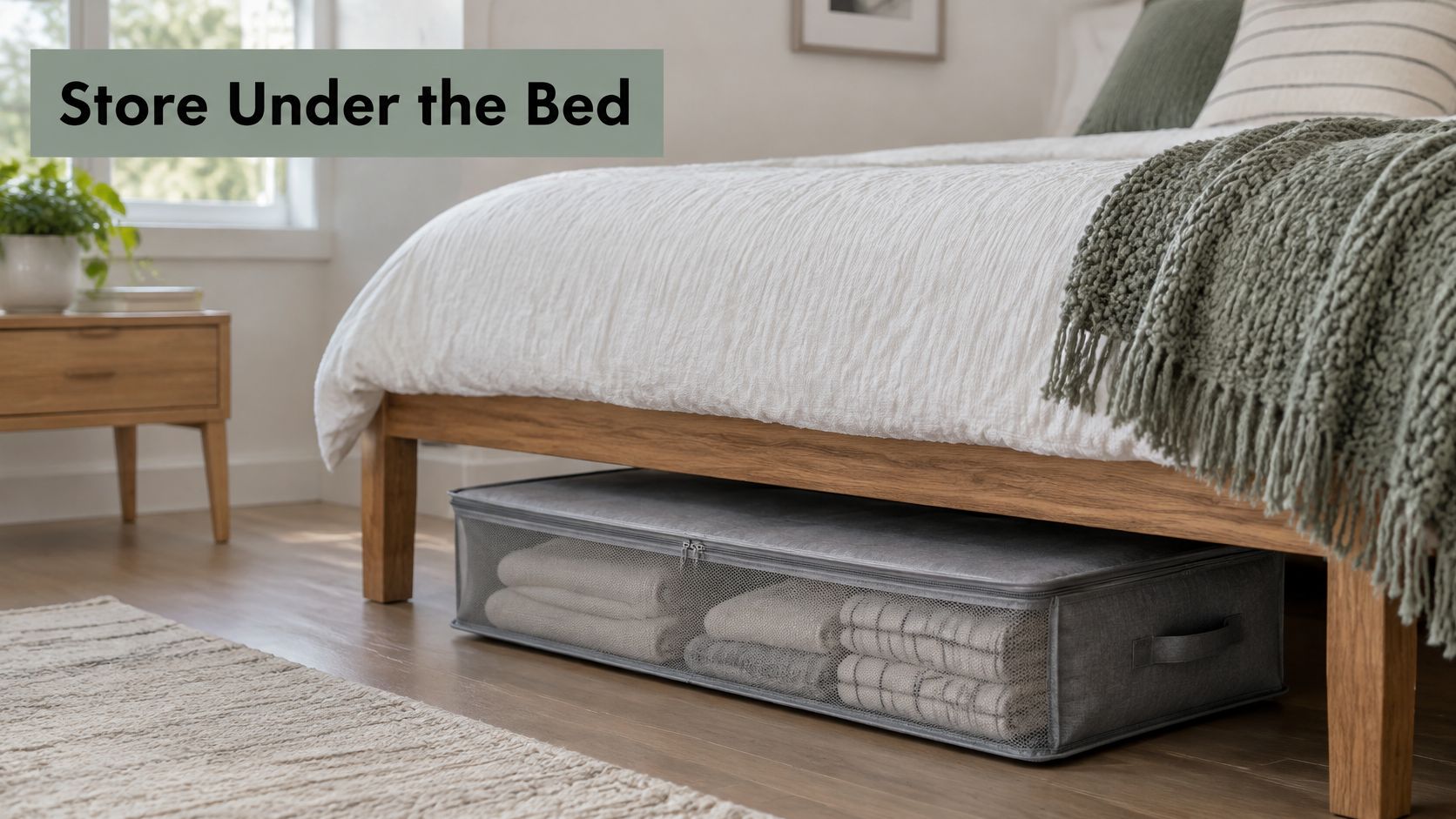 A gray fabric under-bed storage container filled with folded linens sits underneath a wooden bed frame.